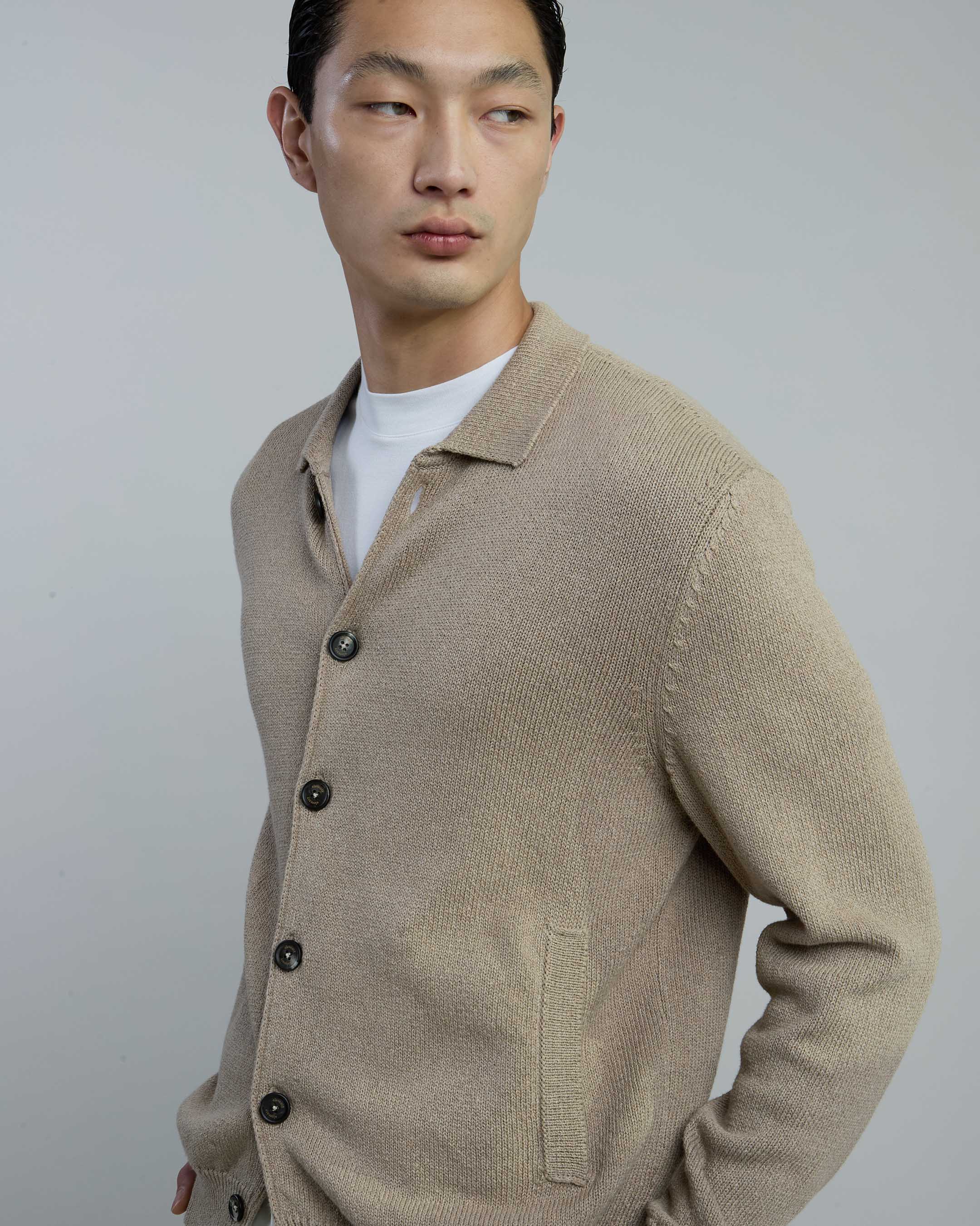 Men's Cotton Silk Knit Jacket with Horn Buttons