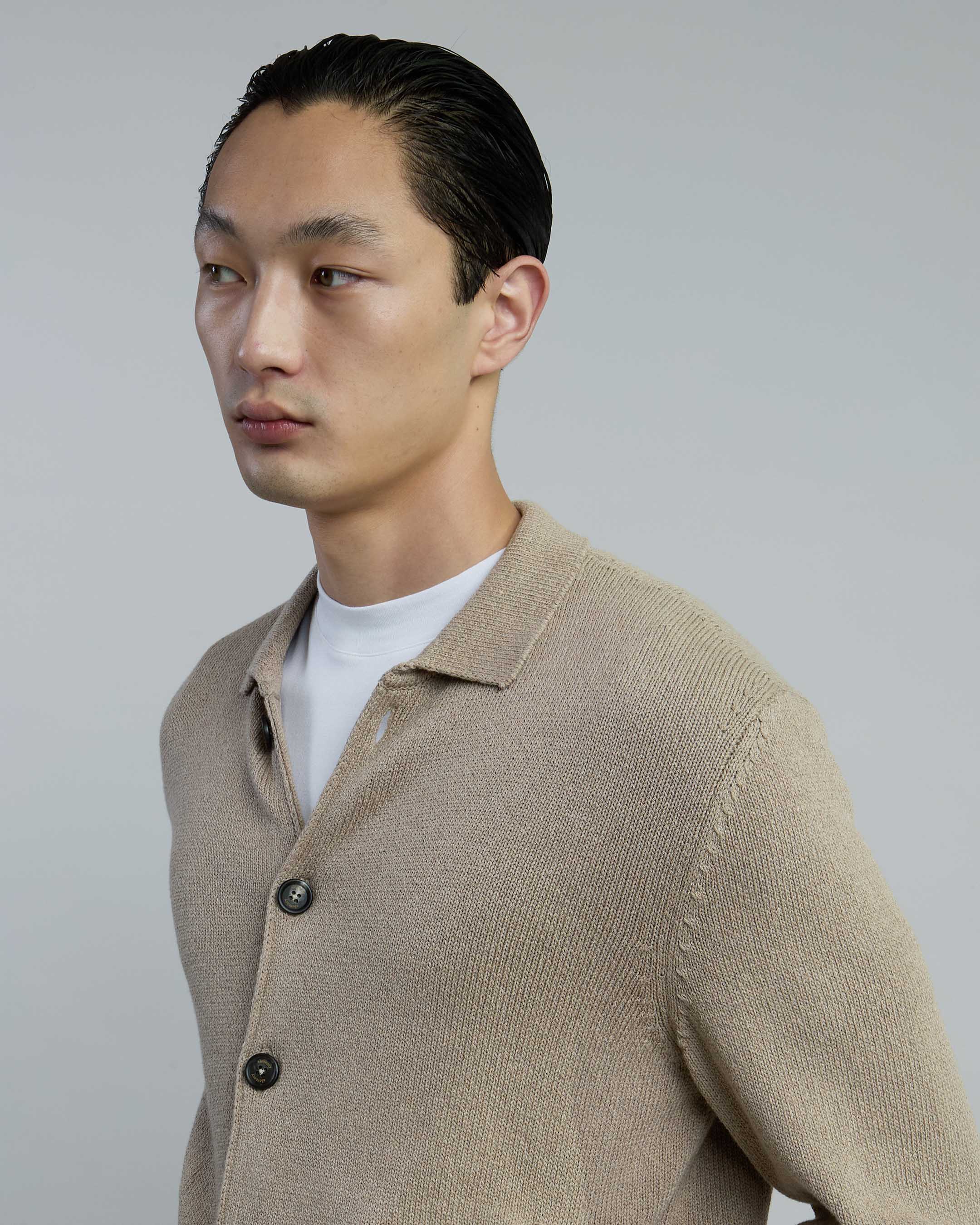 Men's Cotton Silk Knit Jacket with Horn Buttons - 4