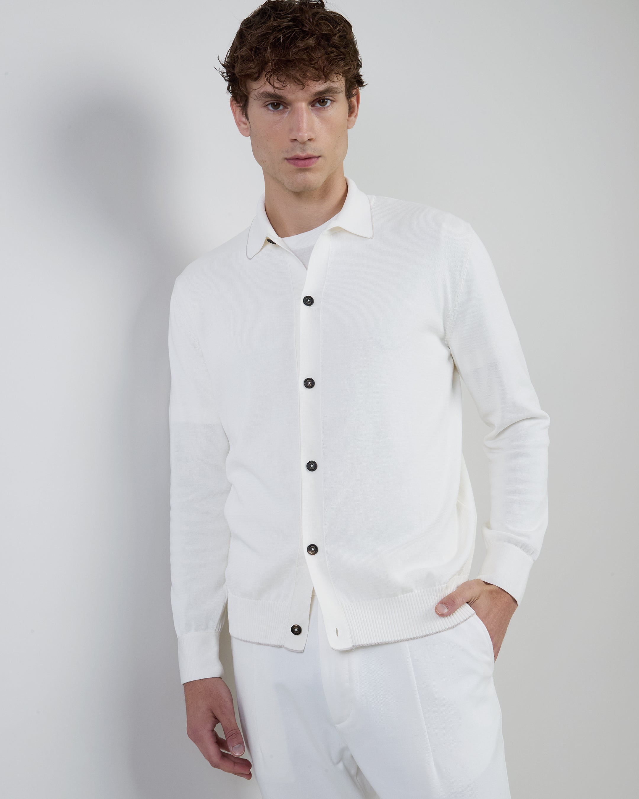 Men's Gauge 12 Cotton Knitted Shirt with Horn Buttons