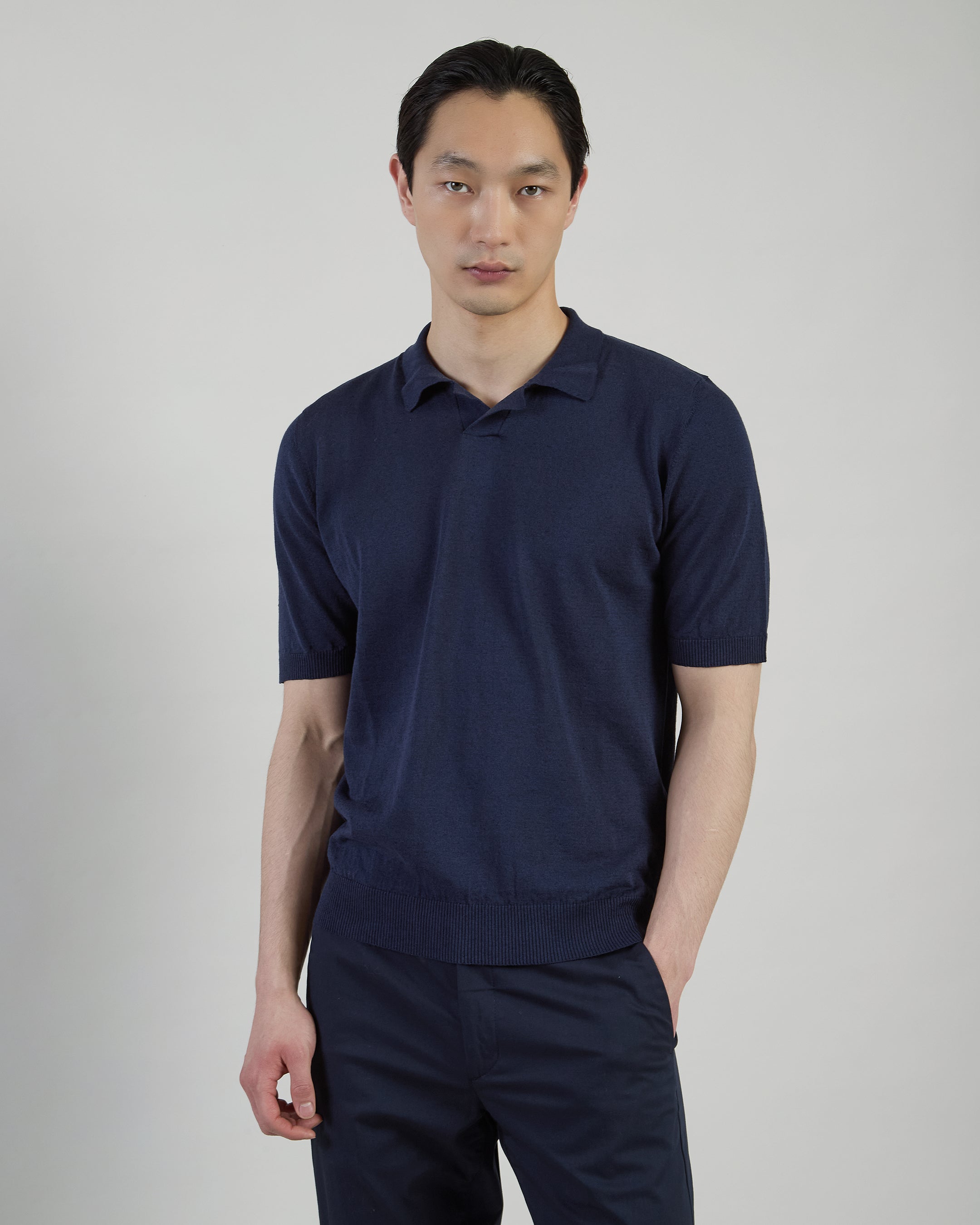 Short-Sleeved Linen and Cotton Knitted Polo Shirt - 1