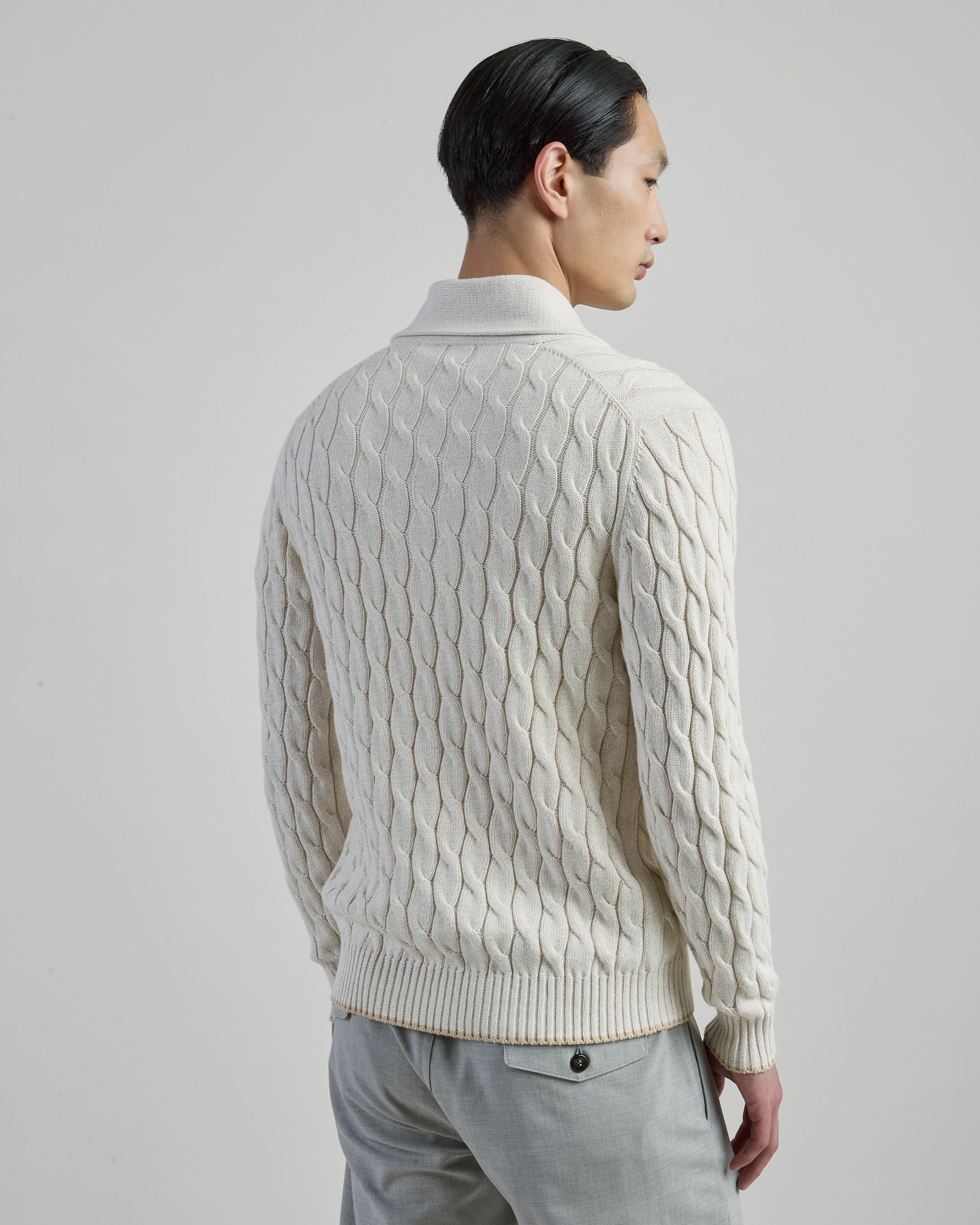 Men's Shawl Collar Cotton and Linen Cable Knit Cardigan