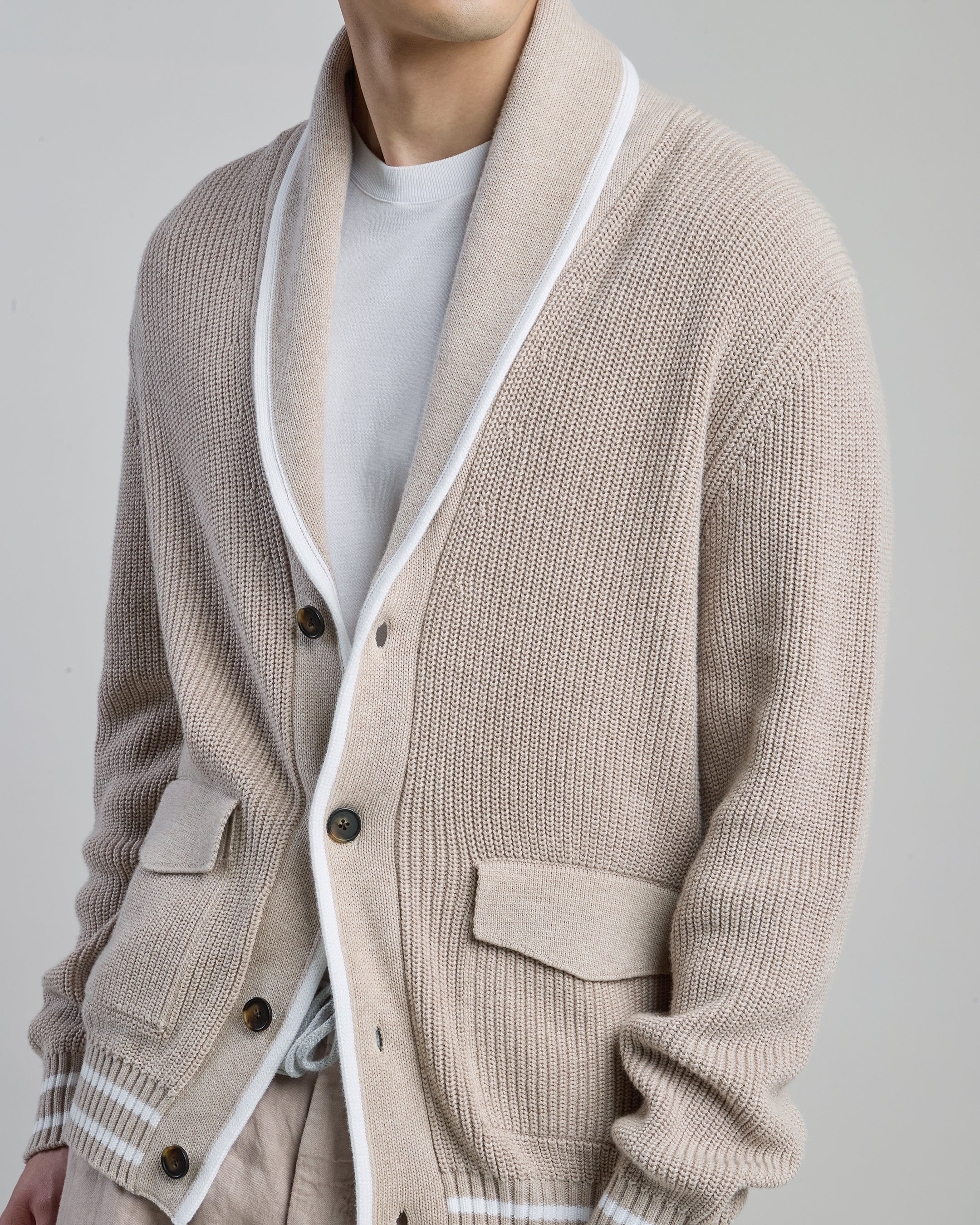 Men's English Rib Cotton Shawl Collar Cardigan - 3
