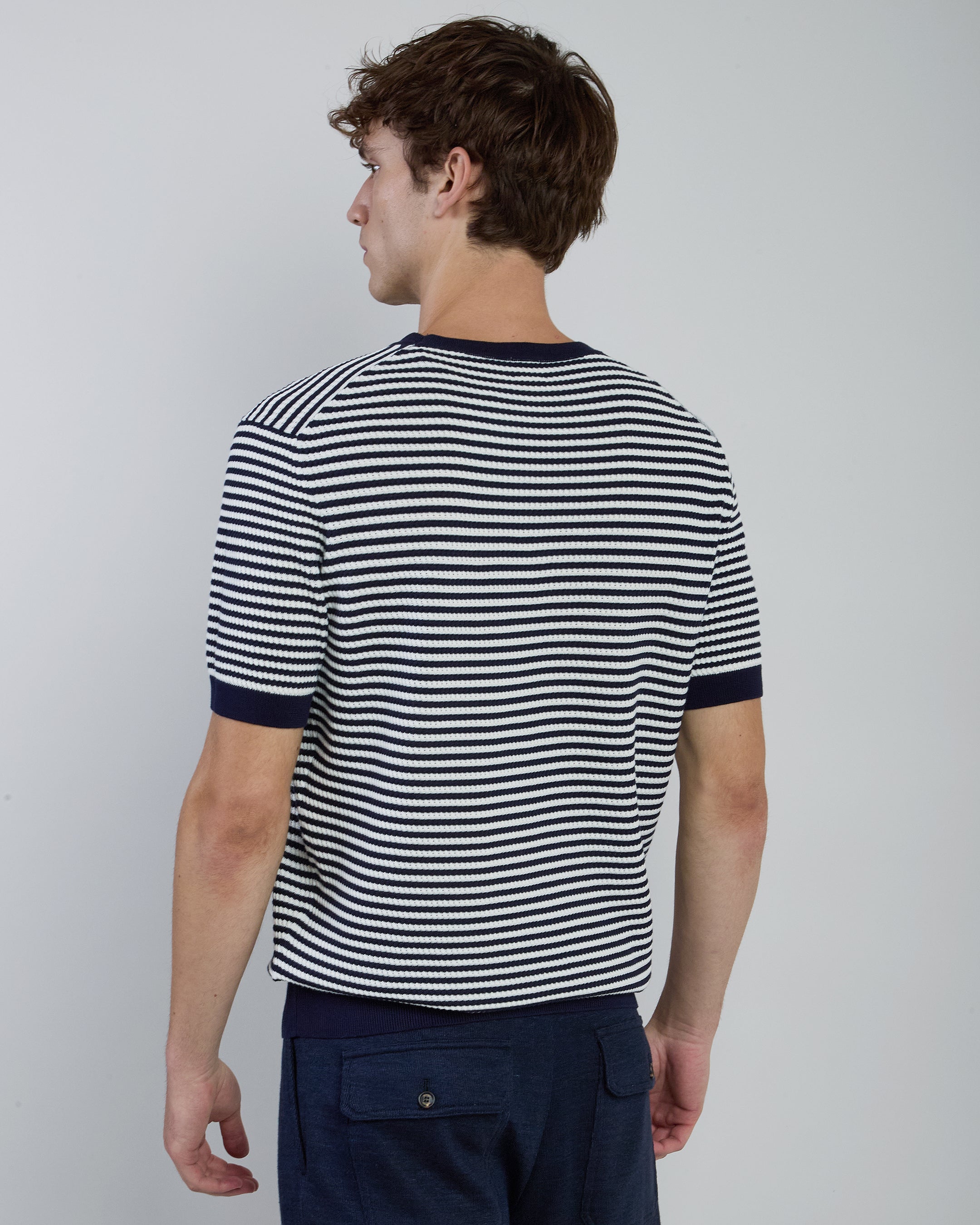 Men's Striped Crew Neck Sweater in Cool Cotton - 2