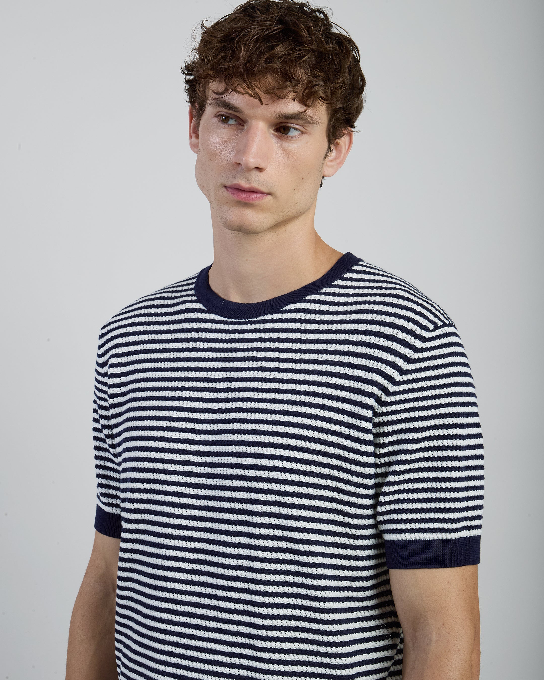 Men's Striped Crew Neck Sweater in Cool Cotton