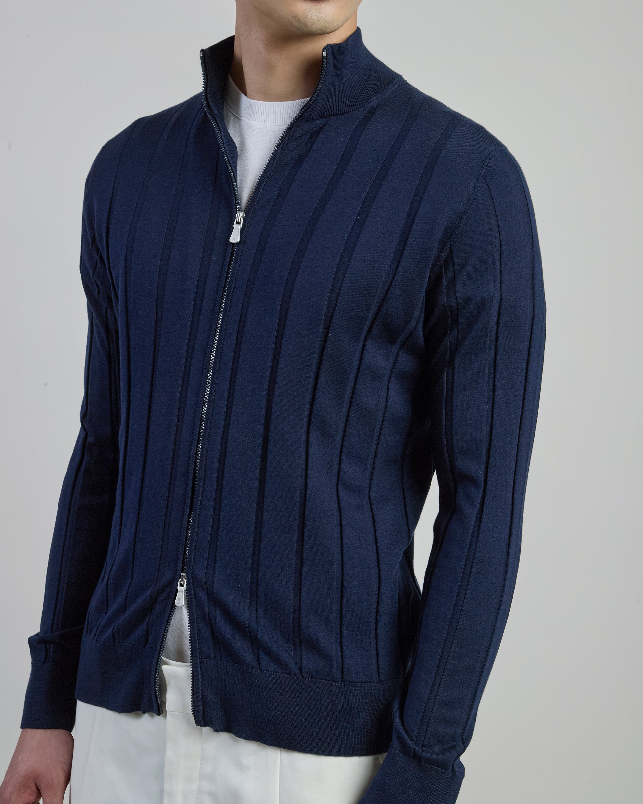 Maglia Full Zip in Pregiato Cotone Seta e Cashmere