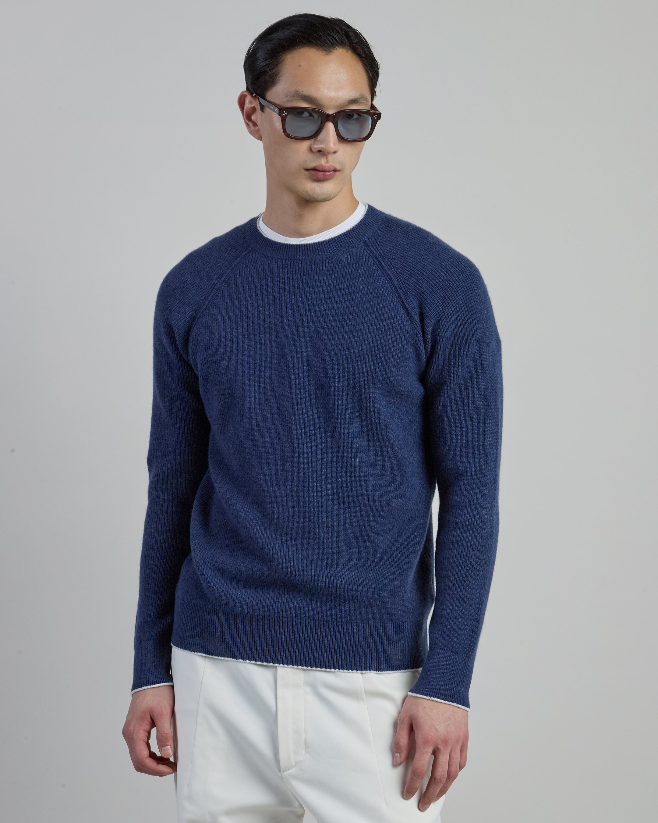 Striped Cashmere Crew Neck Sweater with Raglan Sleeves