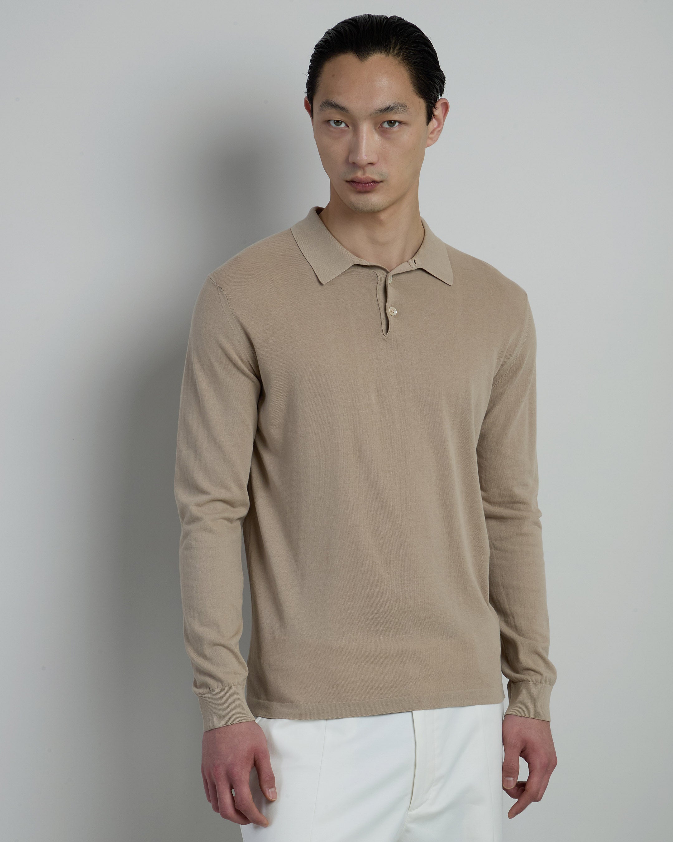 Long-Sleeved Knitted Polo Shirt in Crepe Cotton