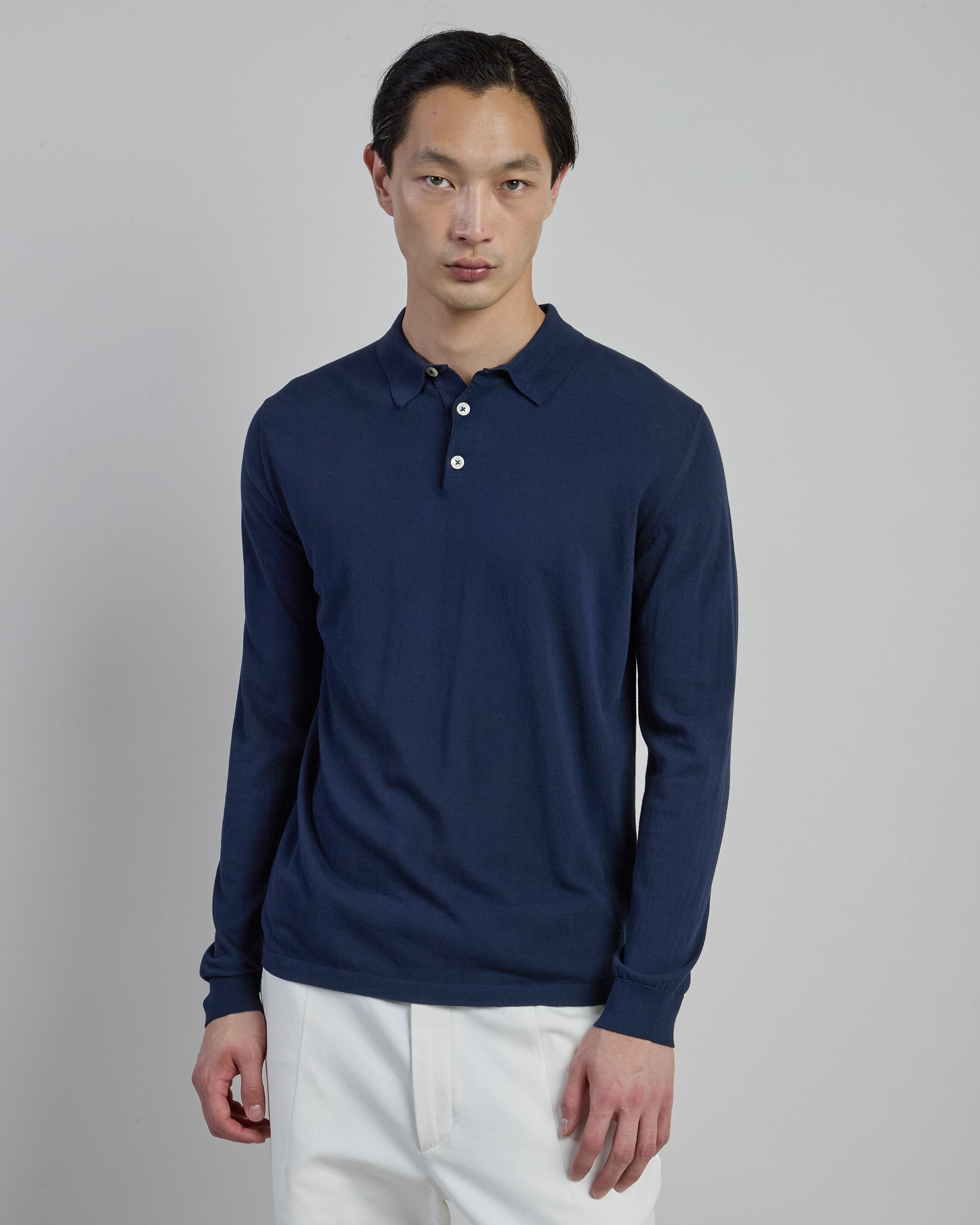 Long-Sleeved Knitted Polo Shirt in Crepe Cotton