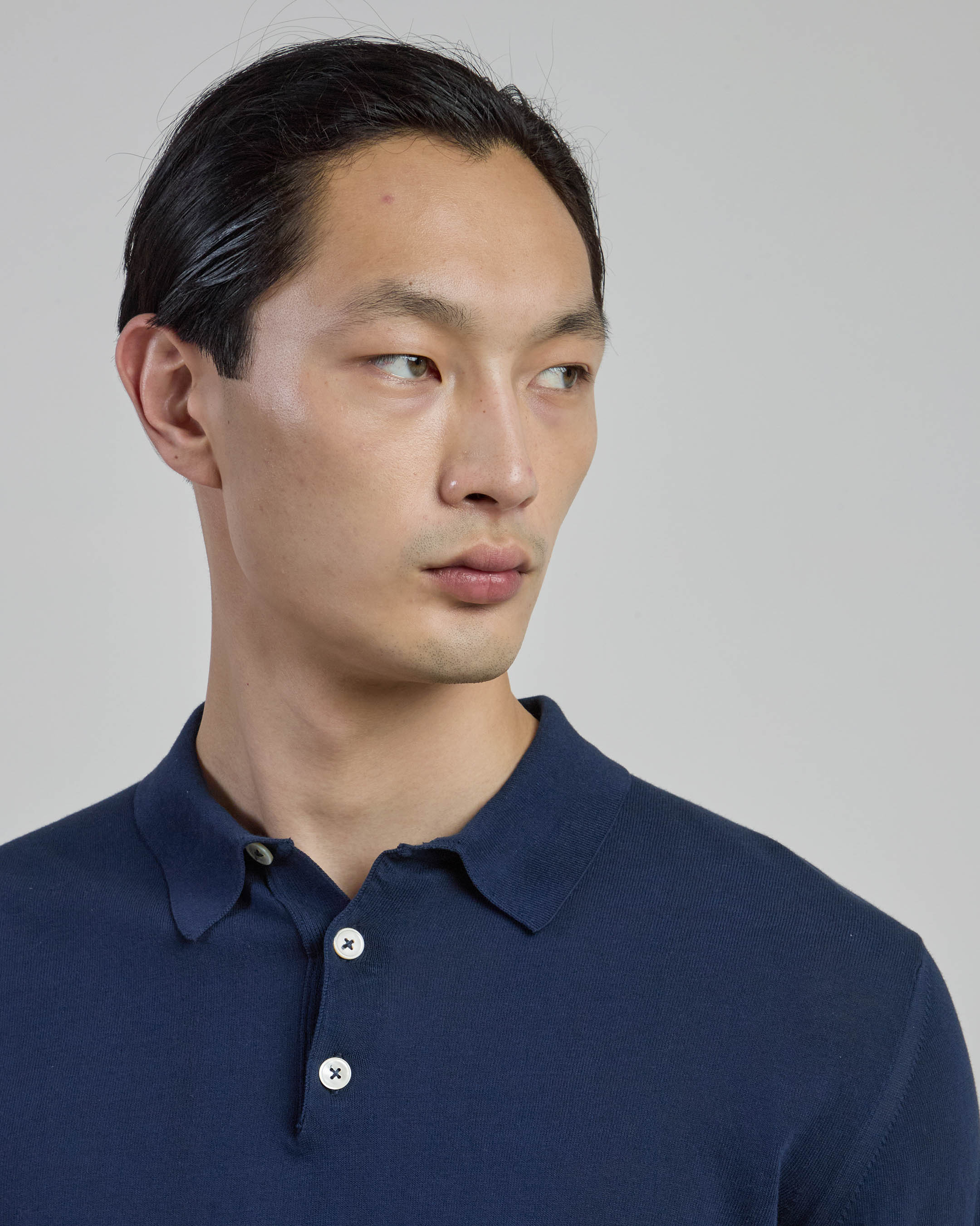 Long-Sleeved Knitted Polo Shirt in Crepe Cotton