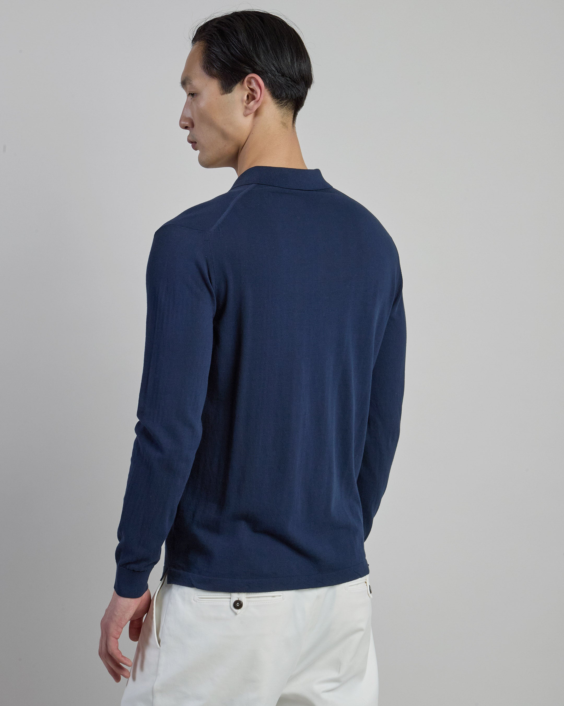 Long-Sleeved Knitted Polo Shirt in Crepe Cotton