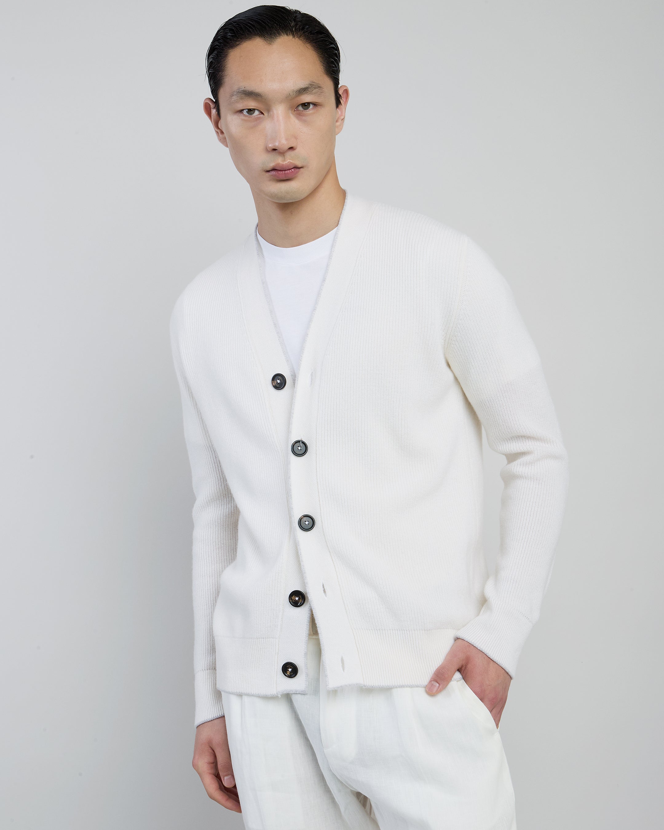 Men's English Rib Cashmere Cardigan with Horn Buttons - 1