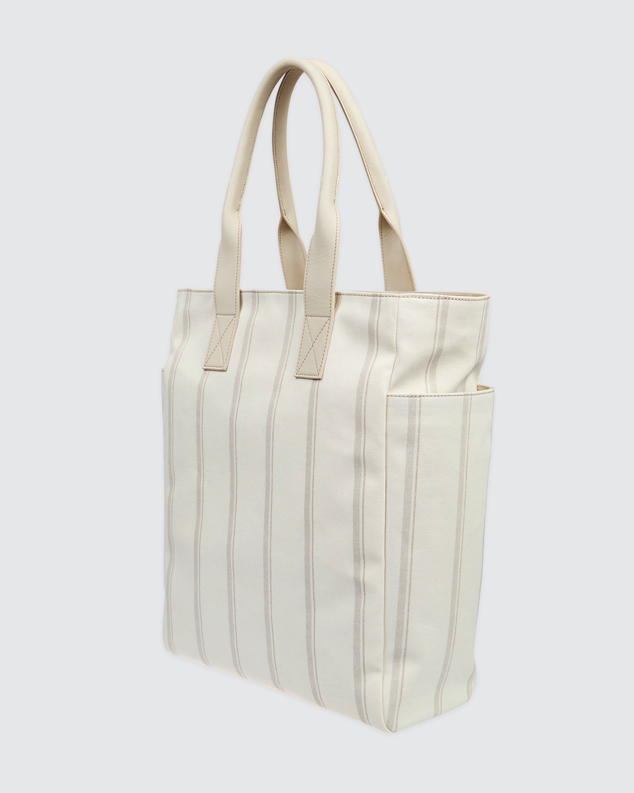 Men's Striped Cotton Canvas and Calfskin Leather Tote alternative