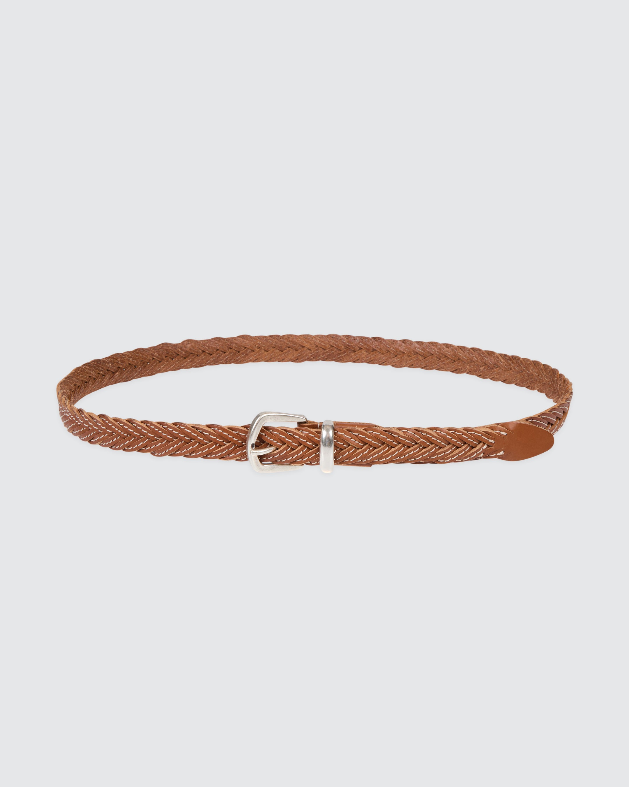 Men's Braided Cowhide Leather Belt with Silver Buckle