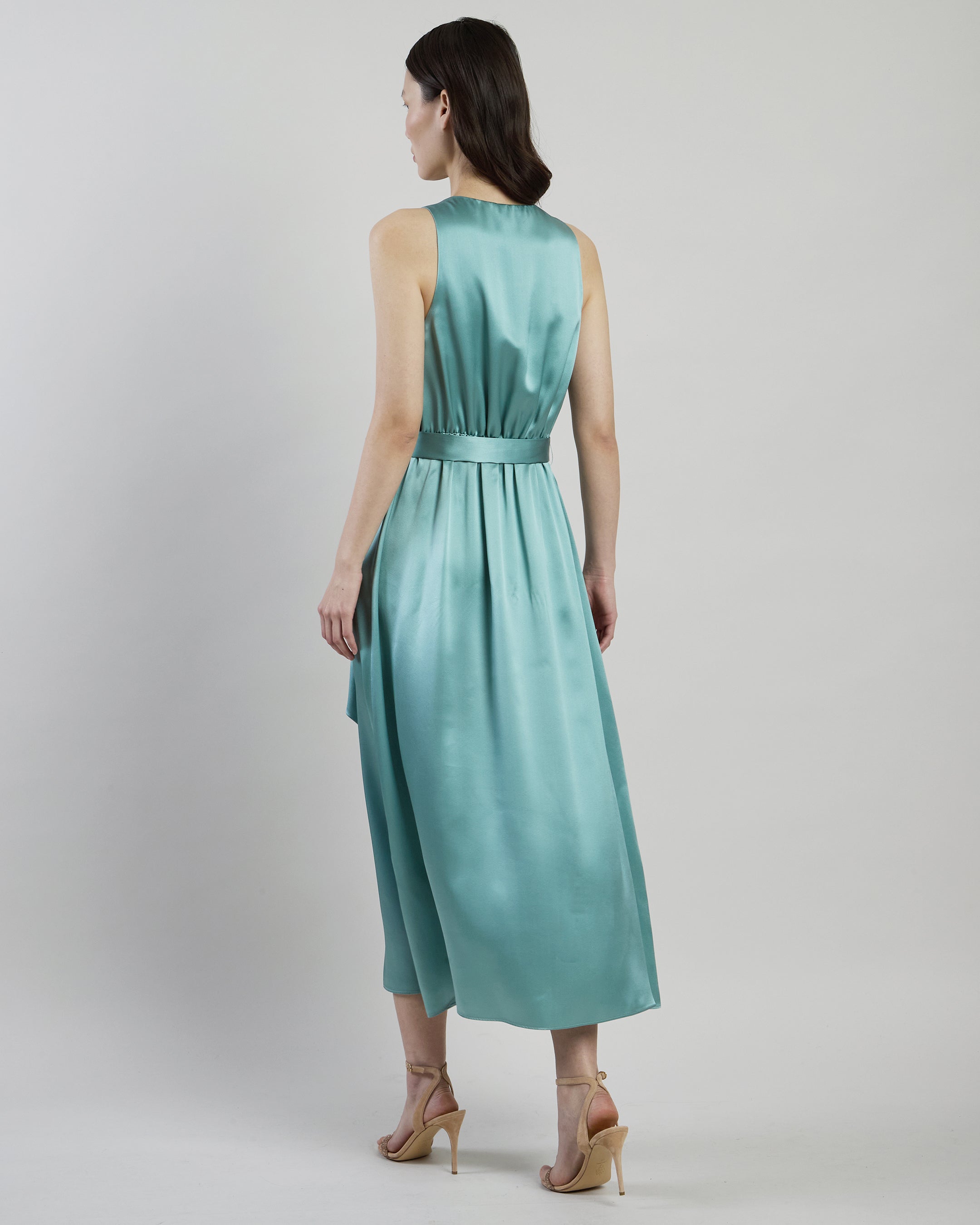 Sleeveless Double Silk Satin Maxi Dress with Pleats - 2