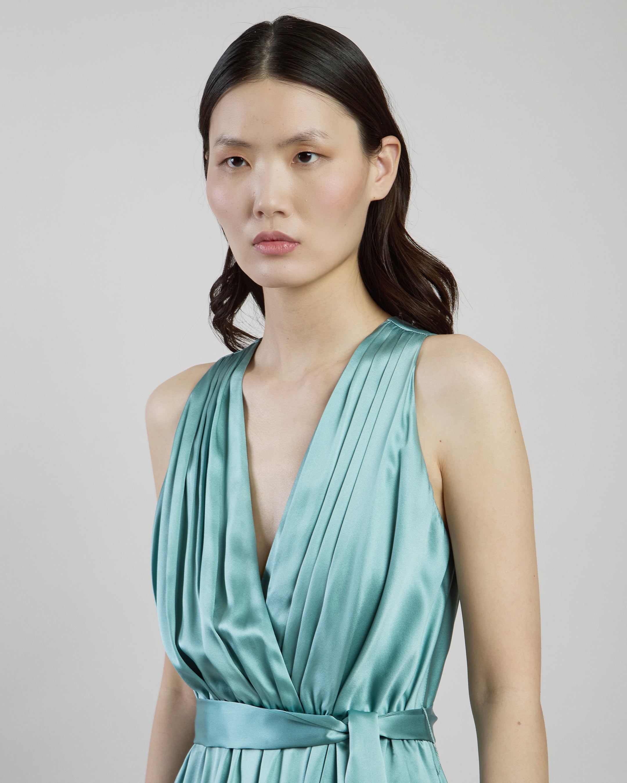 Sleeveless Double Silk Satin Maxi Dress with Pleats - 3
