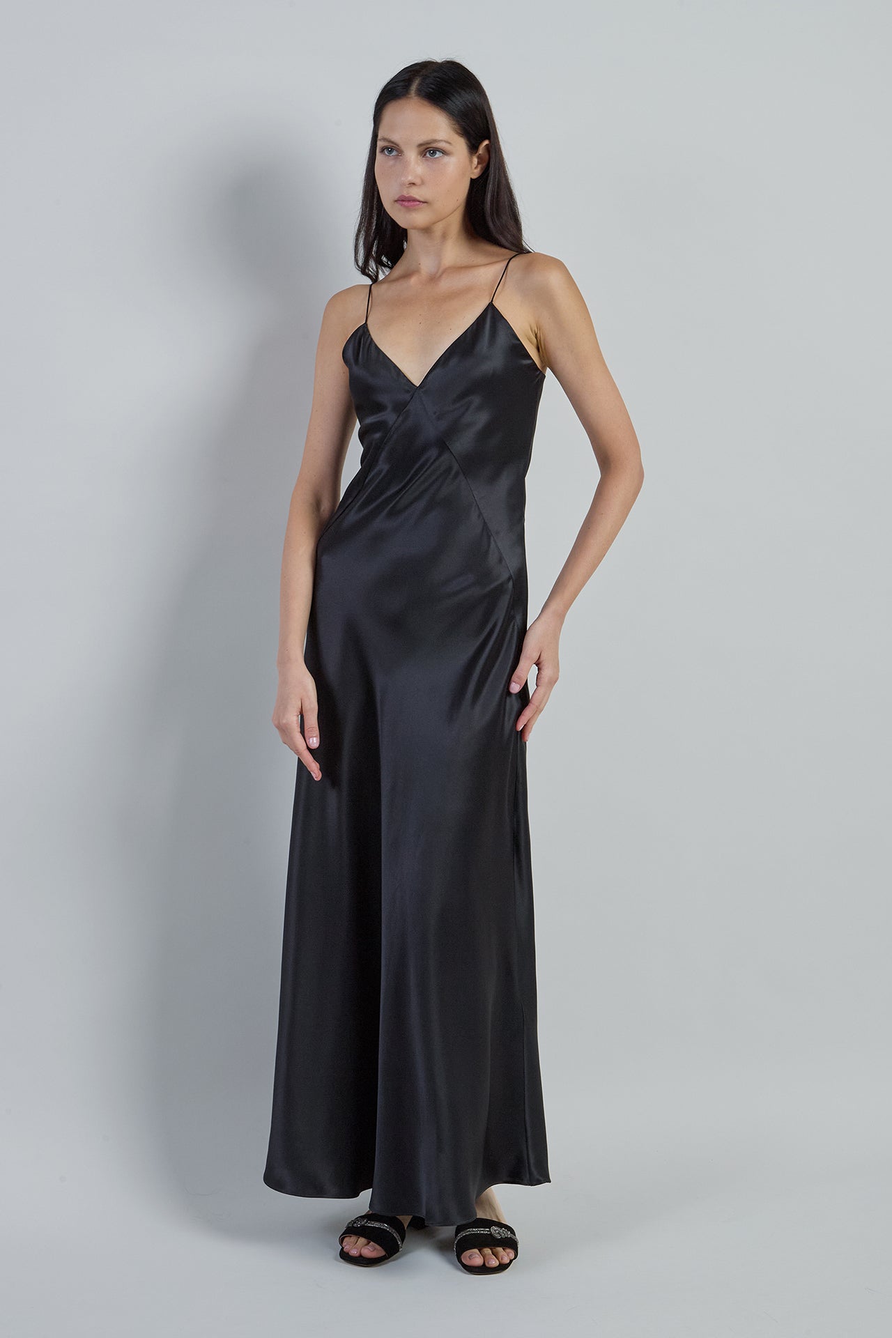 Women's Long Double Silk Satin Flared Slip Dress - 5