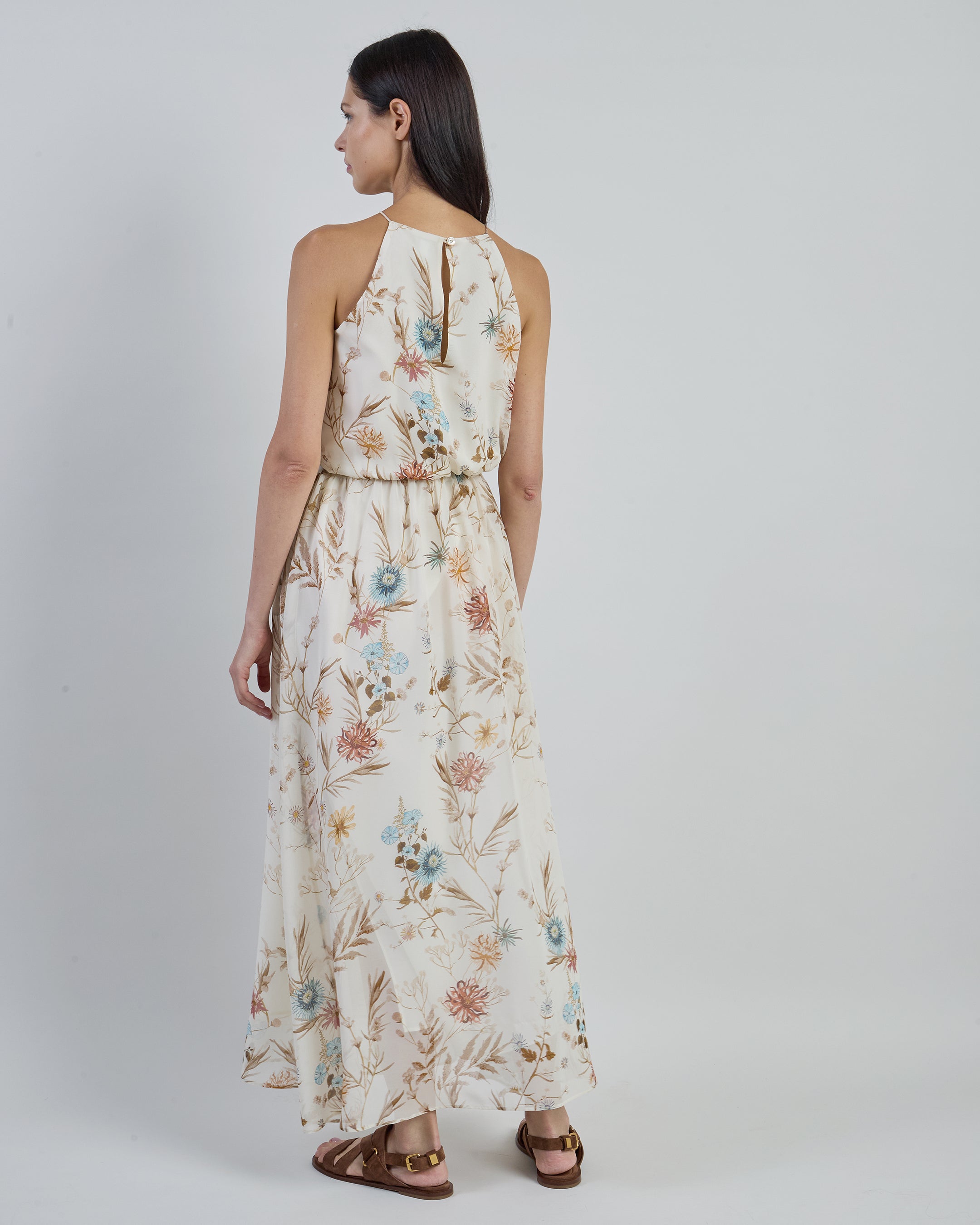 Long Sleeveless Printed Silk Dress with Floral Pattern - 2