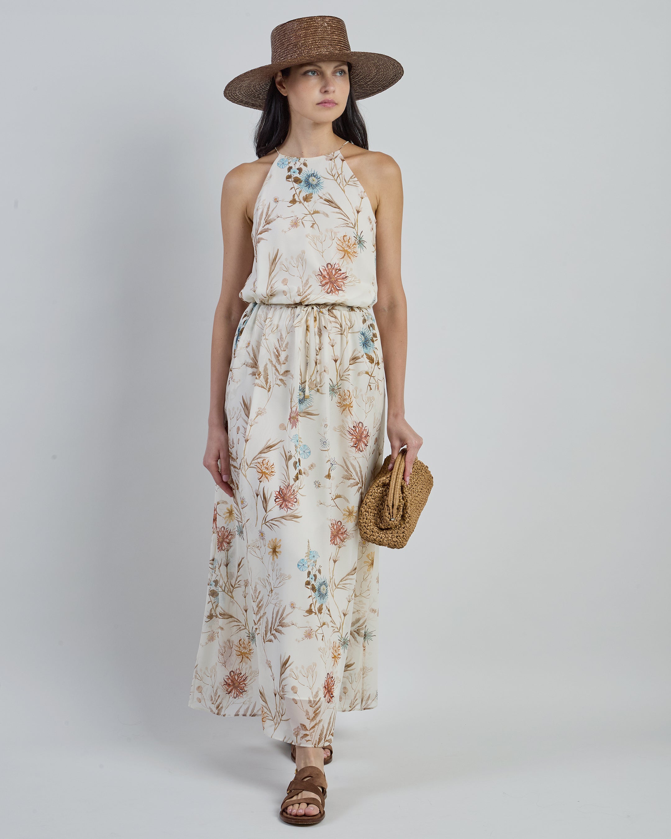 Long Sleeveless Printed Silk Dress with Floral Pattern - 4