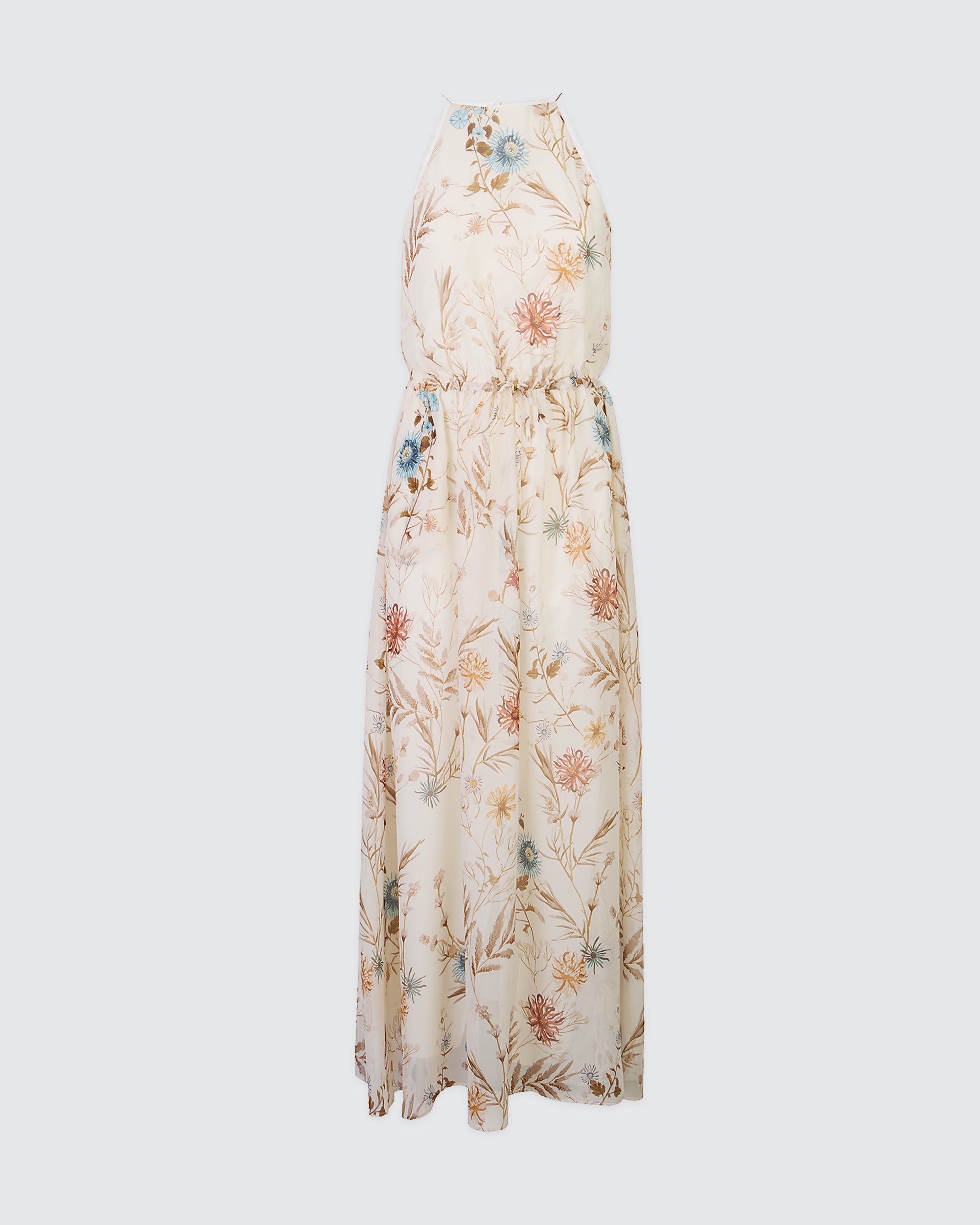 Long Sleeveless Printed Silk Dress with Floral Pattern