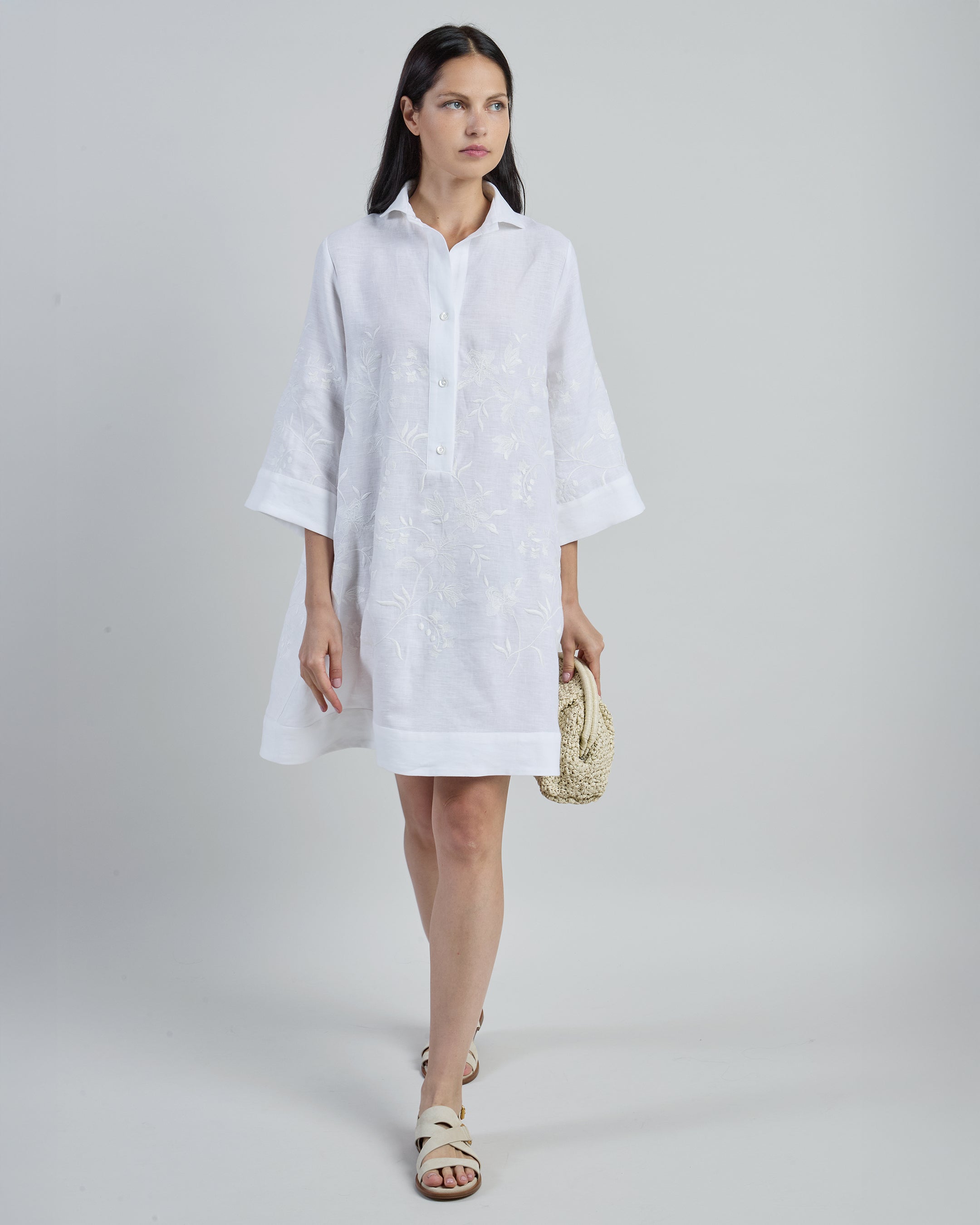 Floral Embroidered Linen Day Dress for Women