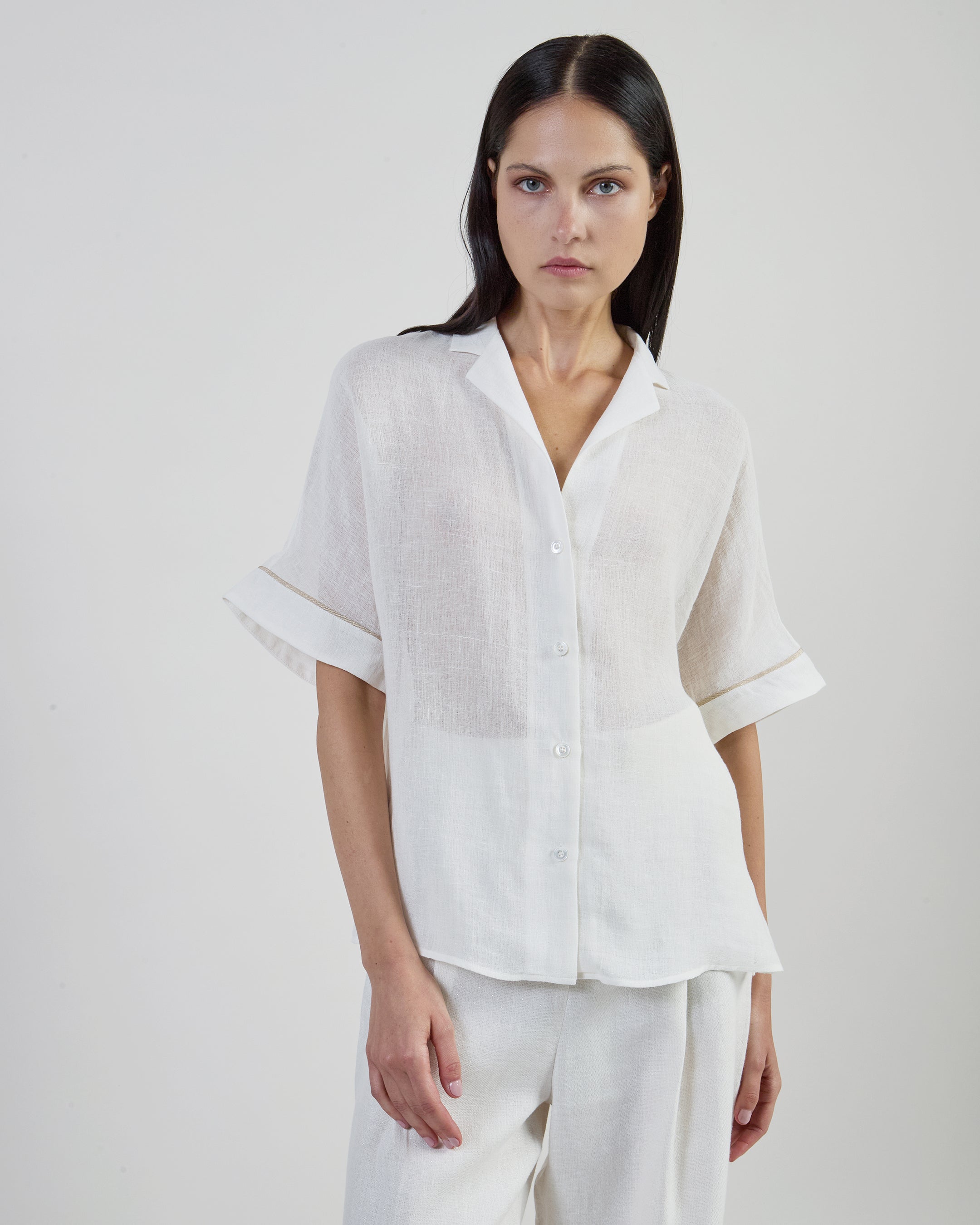 Women's Brushed Linen Short Sleeve Bowling Shirt