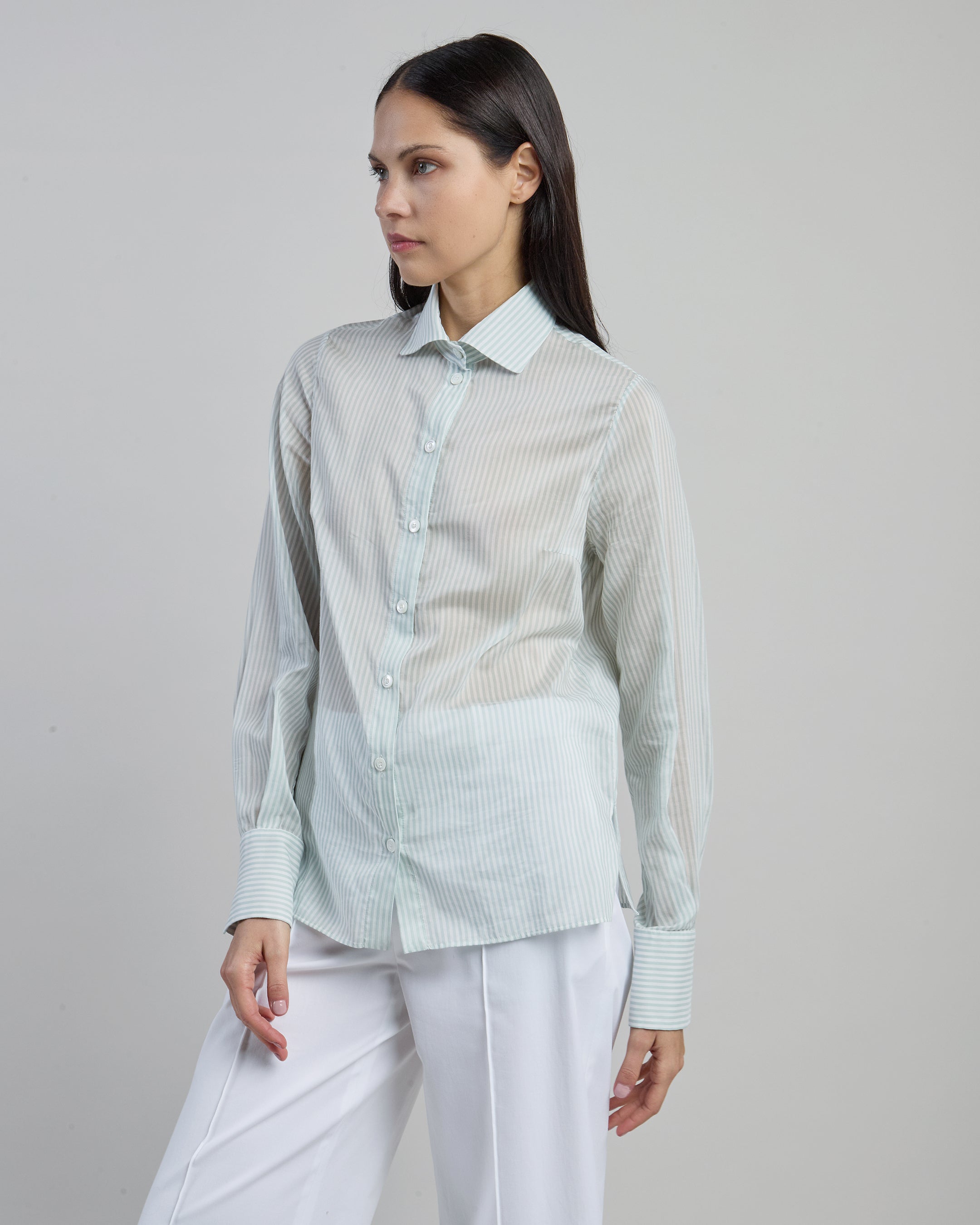 Women's Striped Silk and Cotton Shirt with French Collar