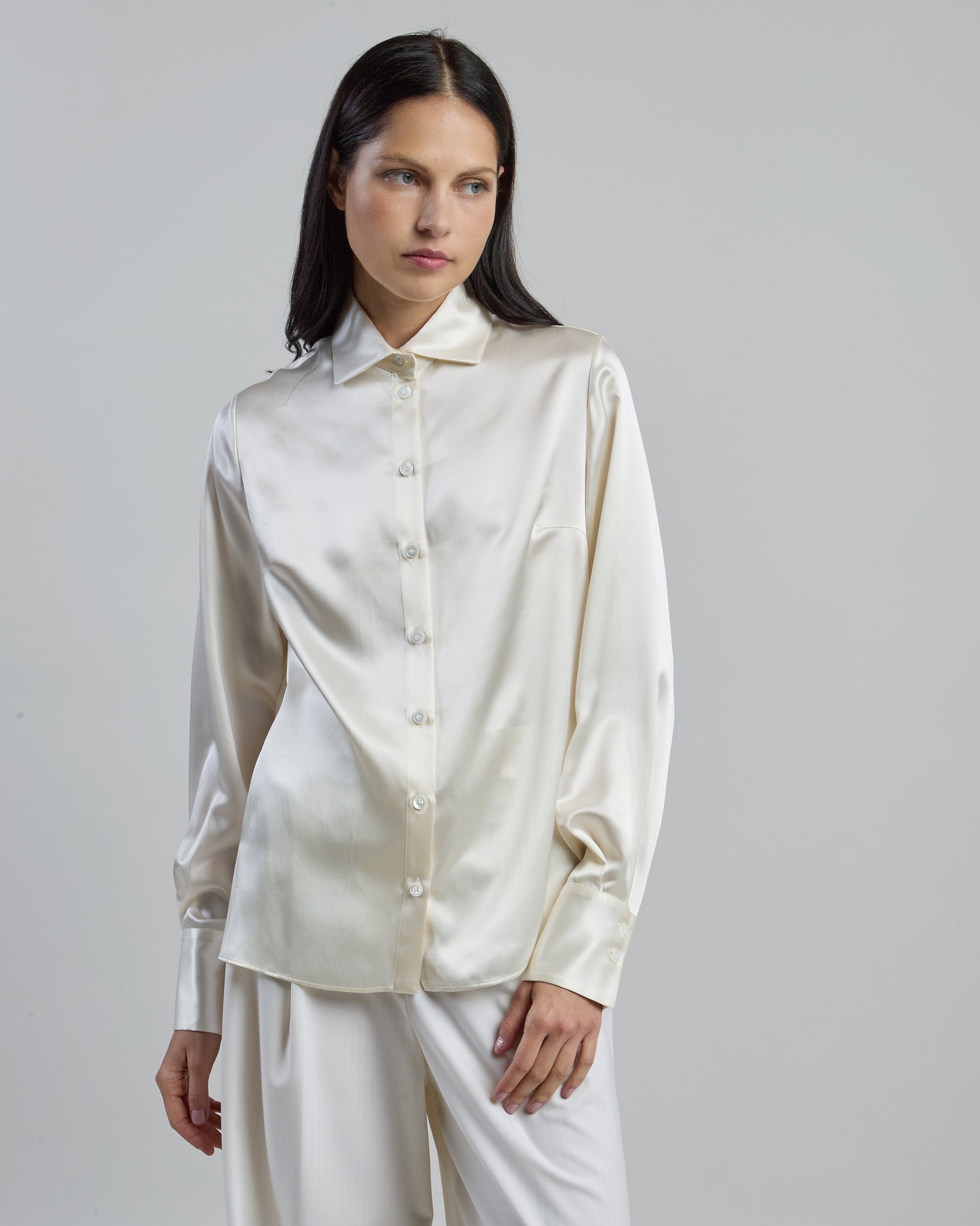 Women's Plain Double Silk Satin Shirt in Comasca Silk - 1