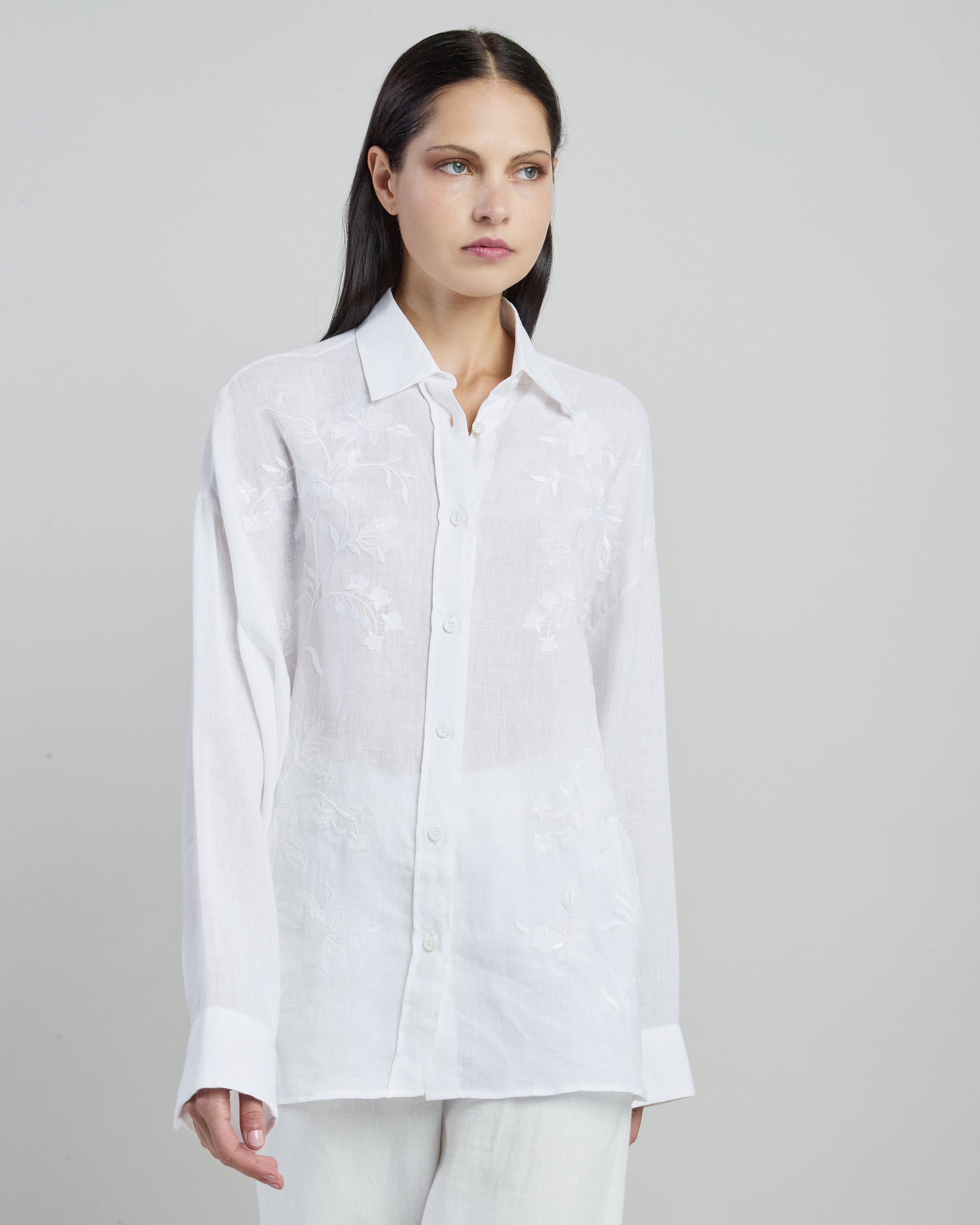 Women's Embroidered Piece-Dyed Pure Linen Shirt