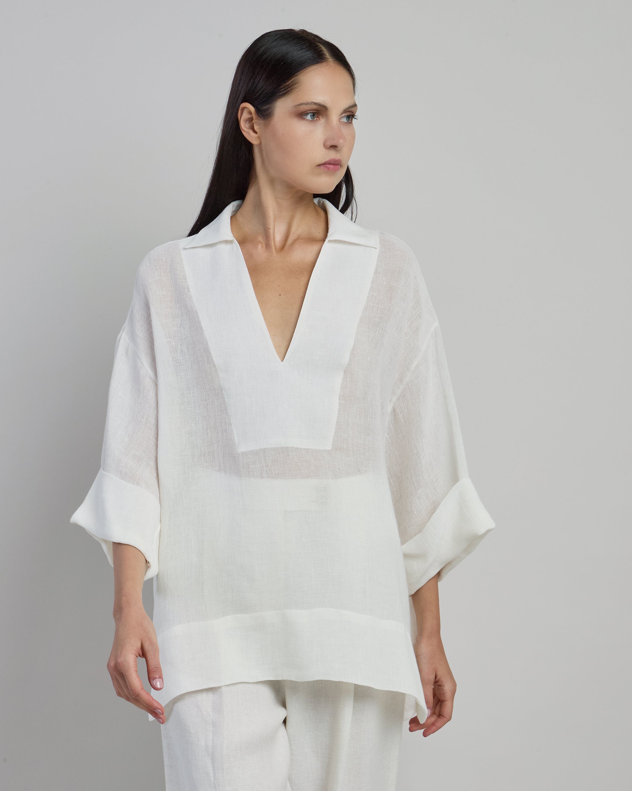 Women's V-Neck Brushed Linen Shirt with Short Sleeves