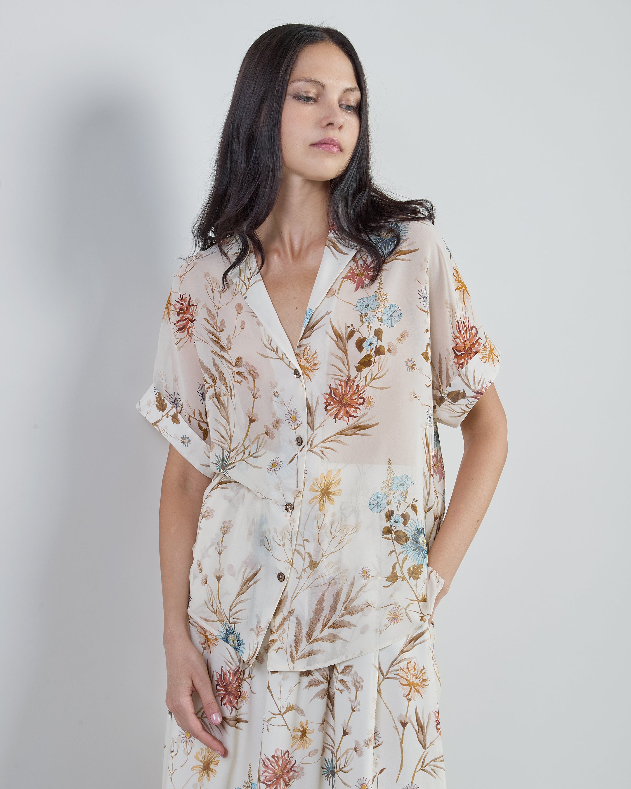 Women's Floral Printed Silk Shirt with Bowling Collar - 1