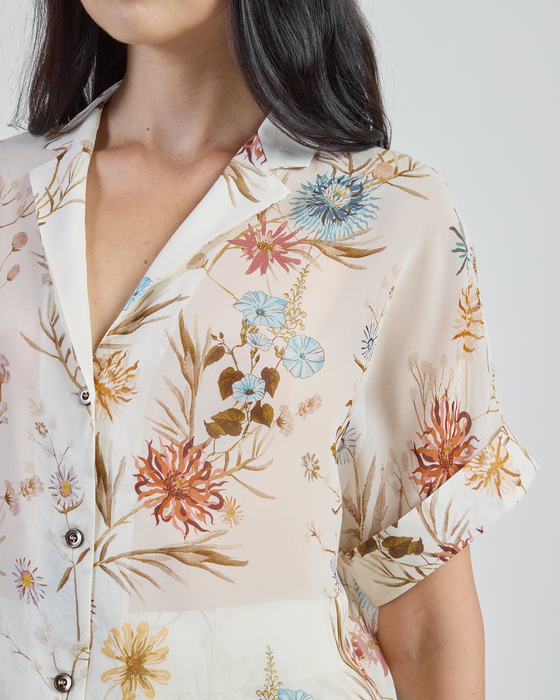 Women's Floral Printed Silk Shirt with Bowling Collar