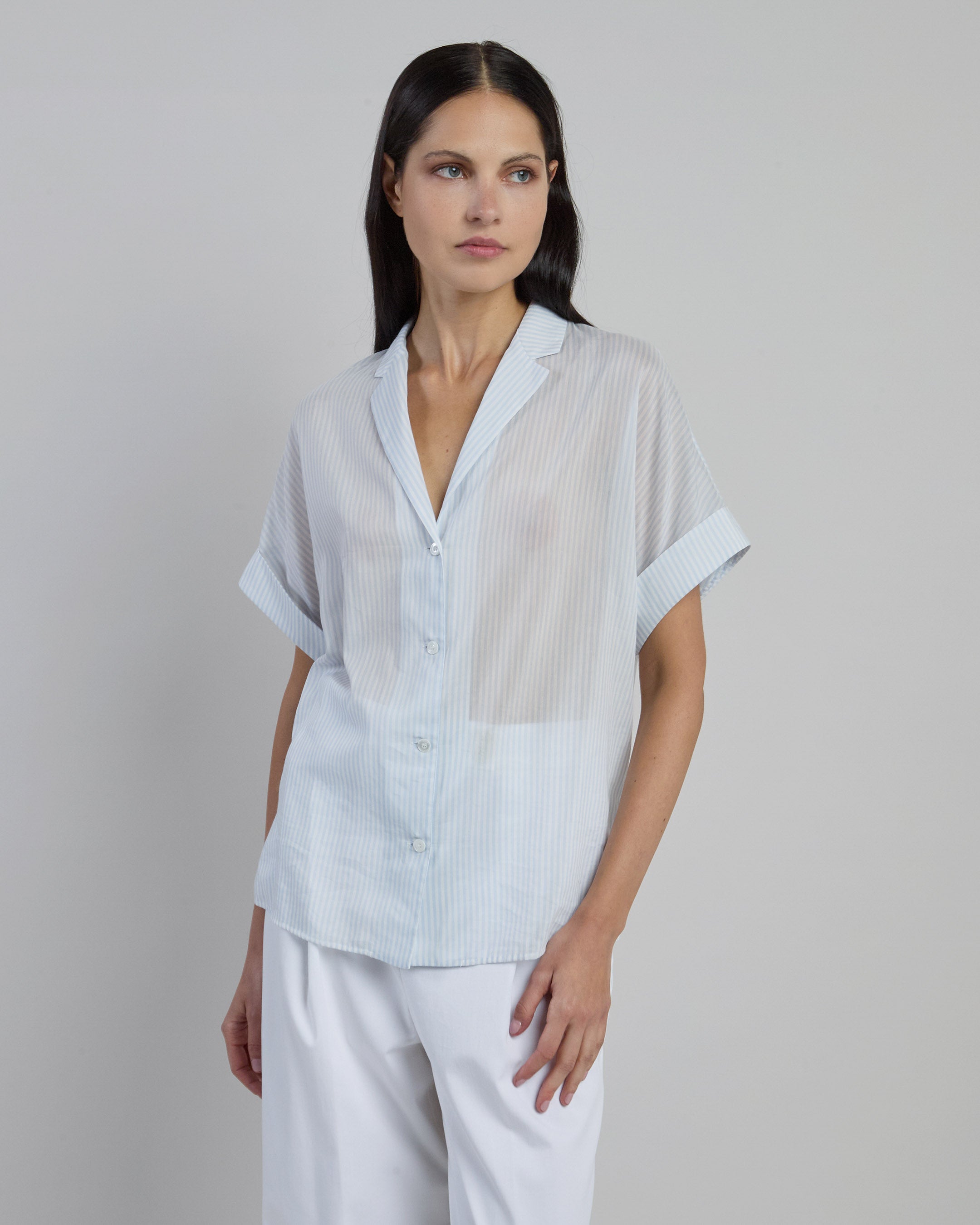 Women's Striped Silk and Cotton Shirt with Bowling Collar