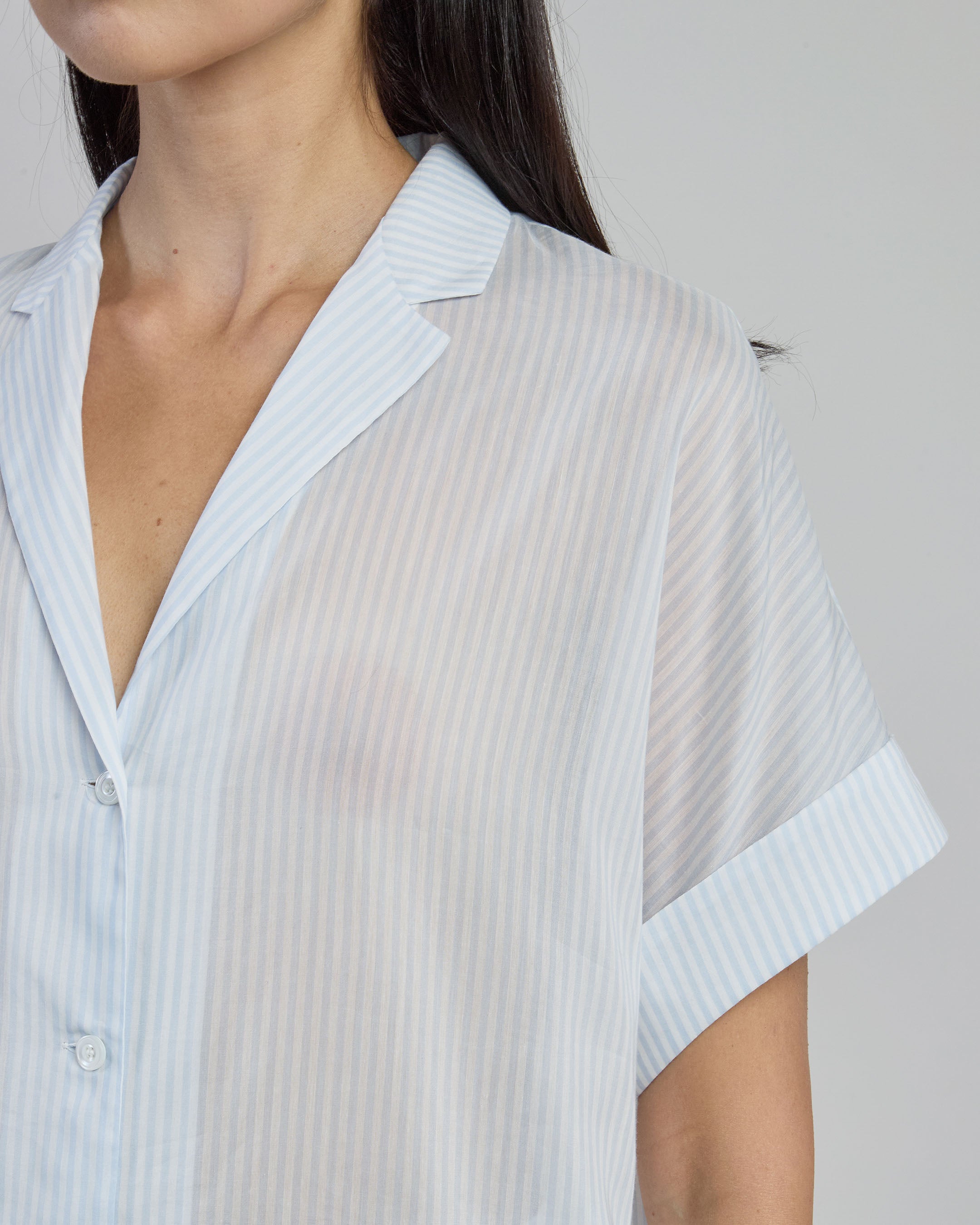 Women's Striped Silk and Cotton Shirt with Bowling Collar