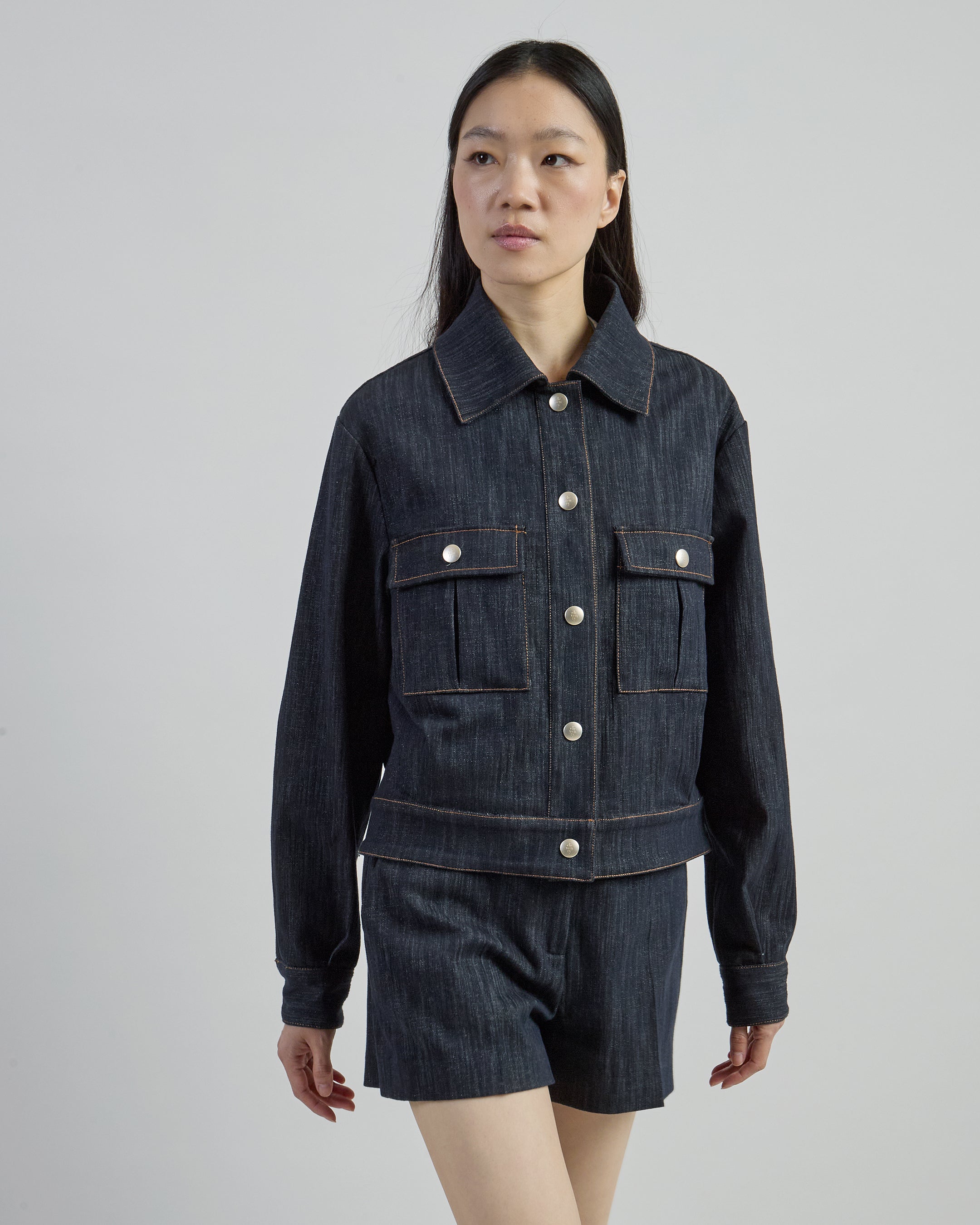 Women's Denim Effect Jacquard Cotton Jacket with Lurex