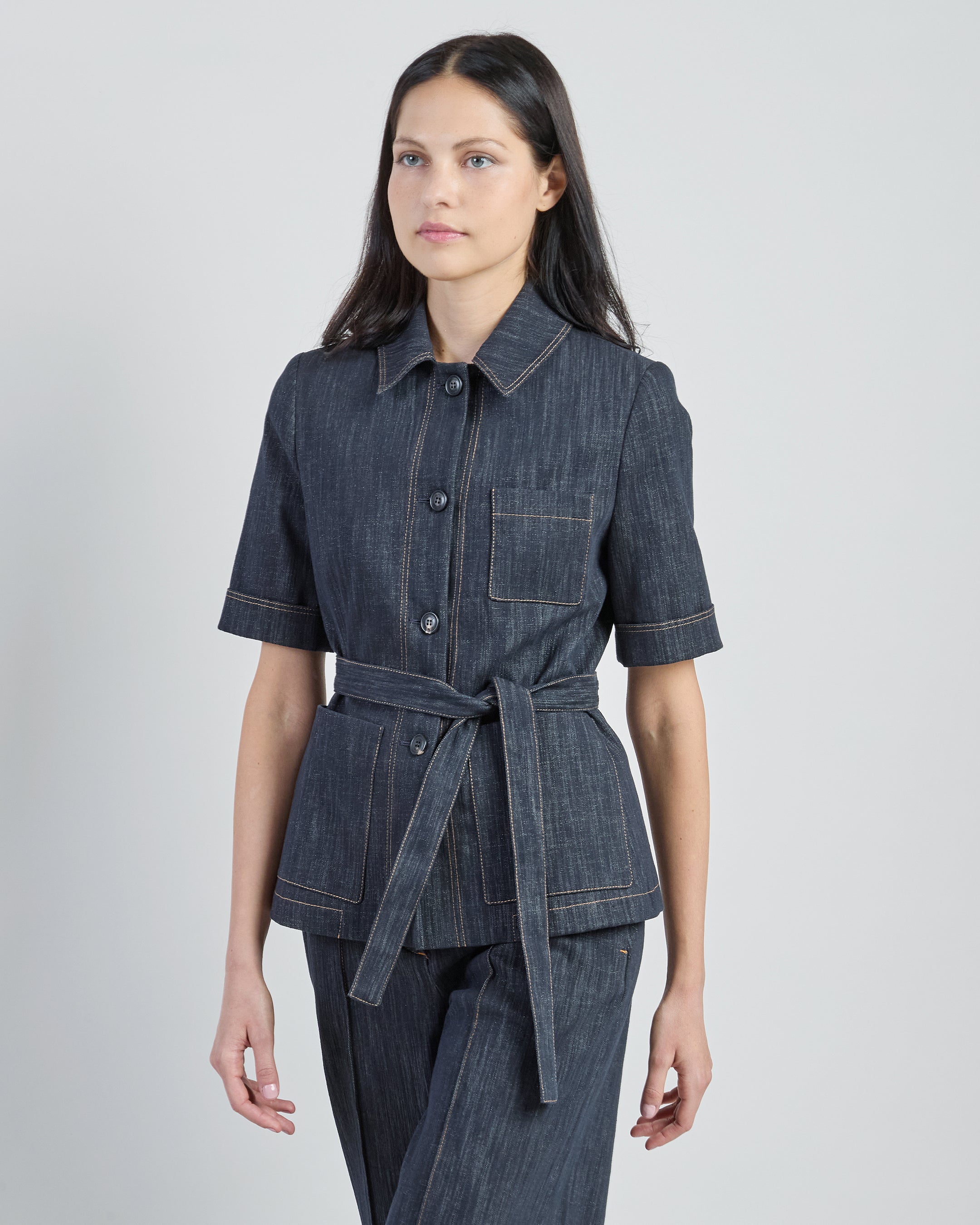 Women's Single-Breasted Cotton Jacquard Jacket with Belt