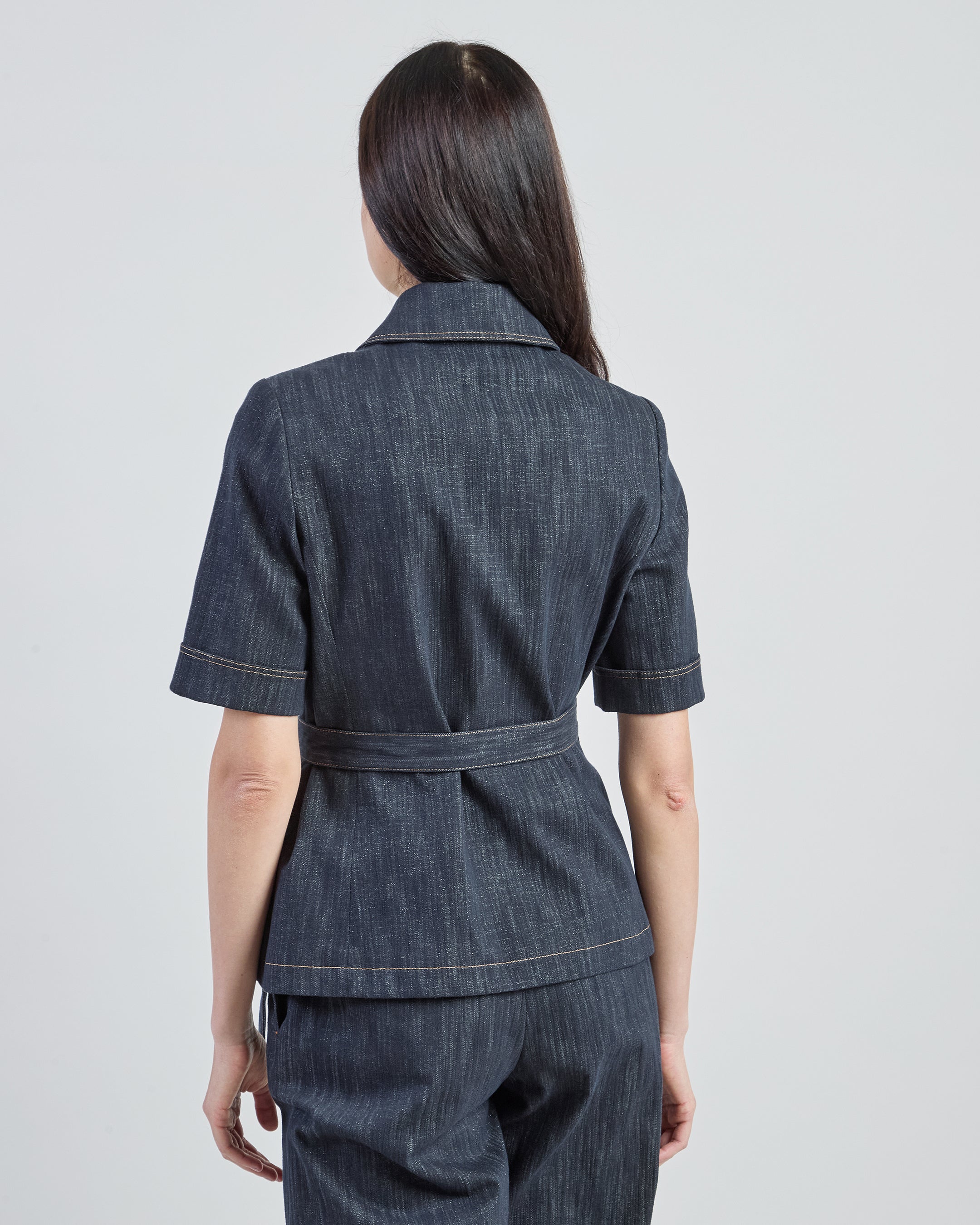 Women's Single-Breasted Cotton Jacquard Jacket with Belt - 2