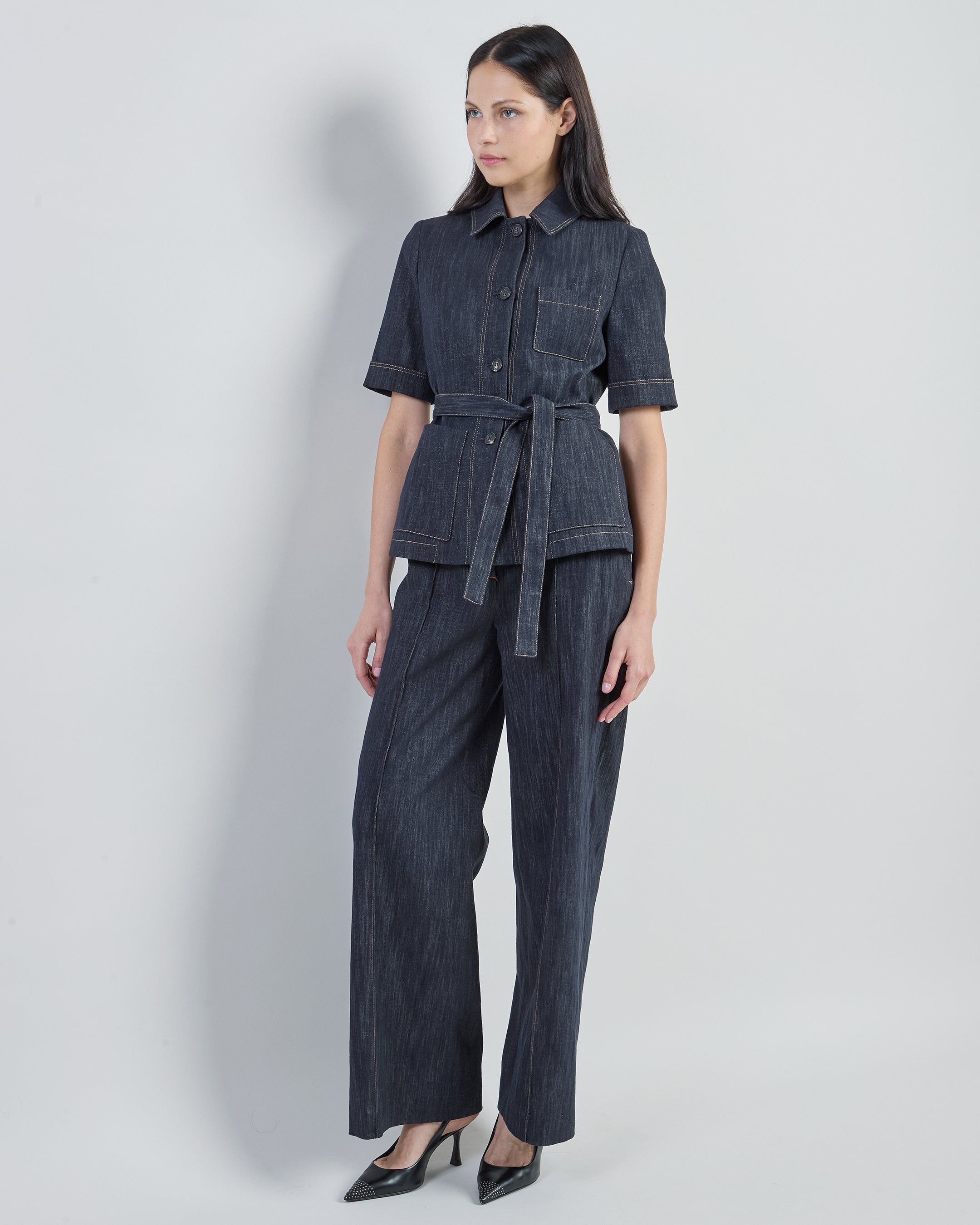 Women's Single-Breasted Cotton Jacquard Jacket with Belt