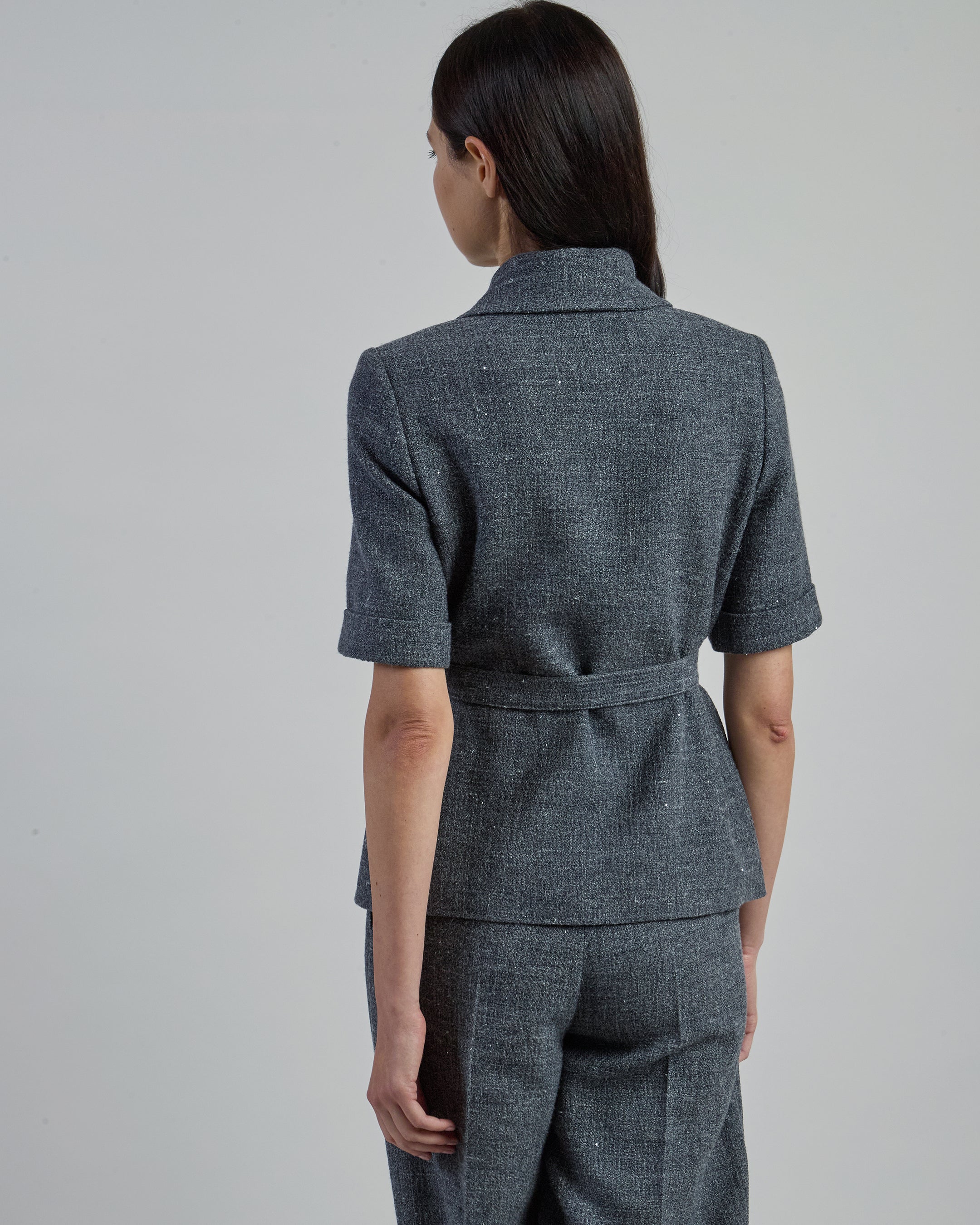 Single-Breasted Wool and Linen Jacket with Short Sleeves - 2