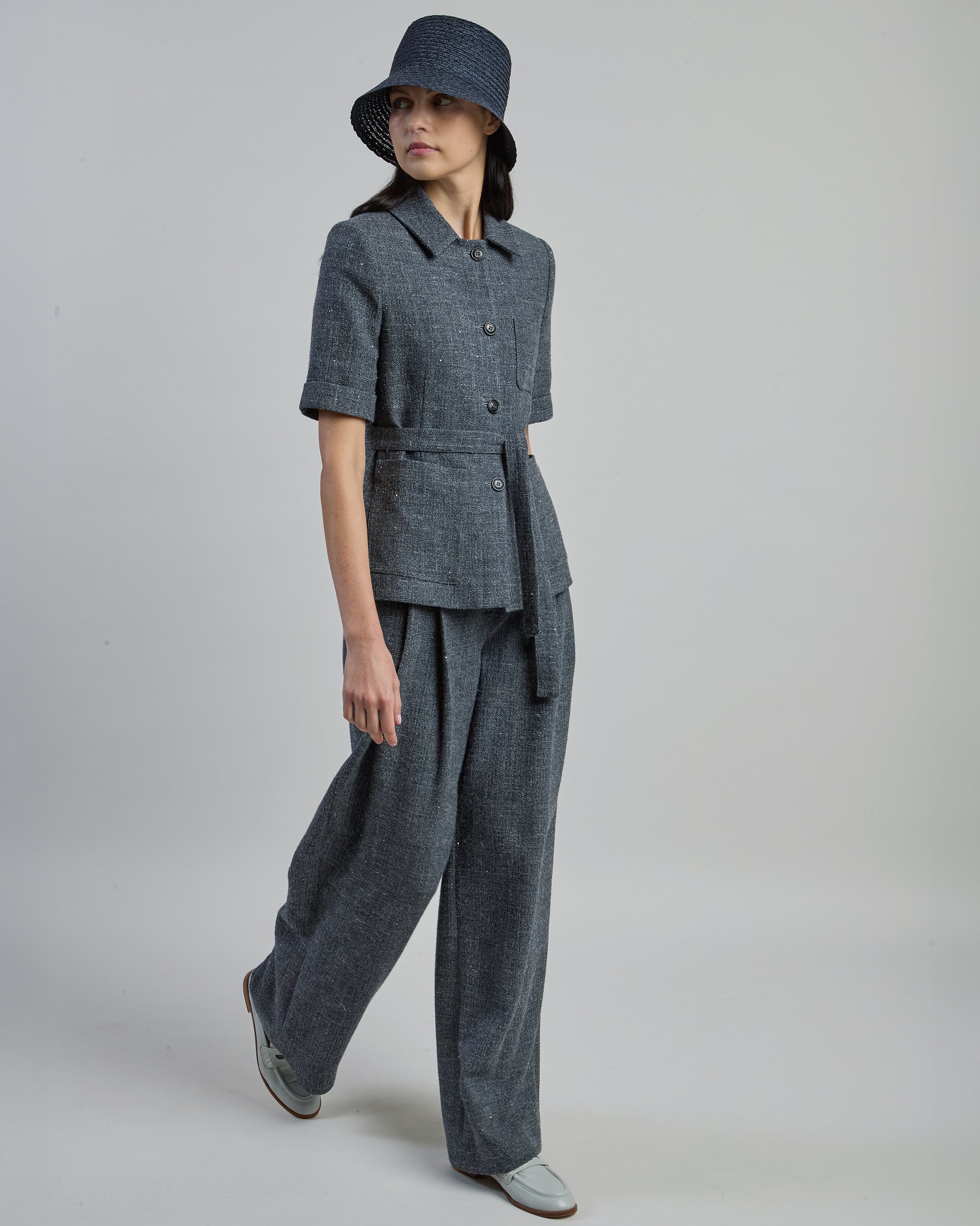 Single-Breasted Wool and Linen Jacket with Short Sleeves - 4