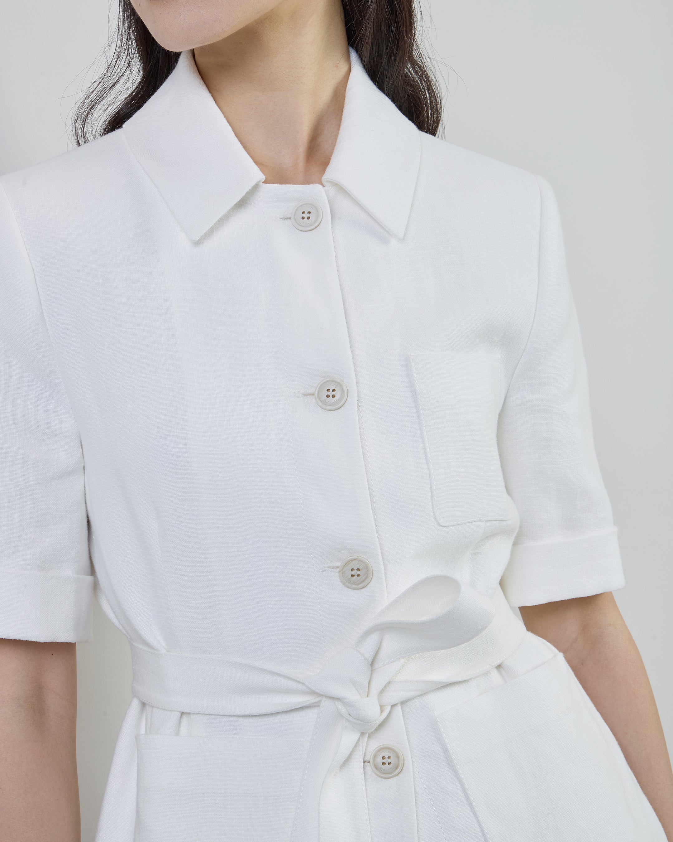 Short-Sleeved Single-Breasted Linen Jacket with Belt