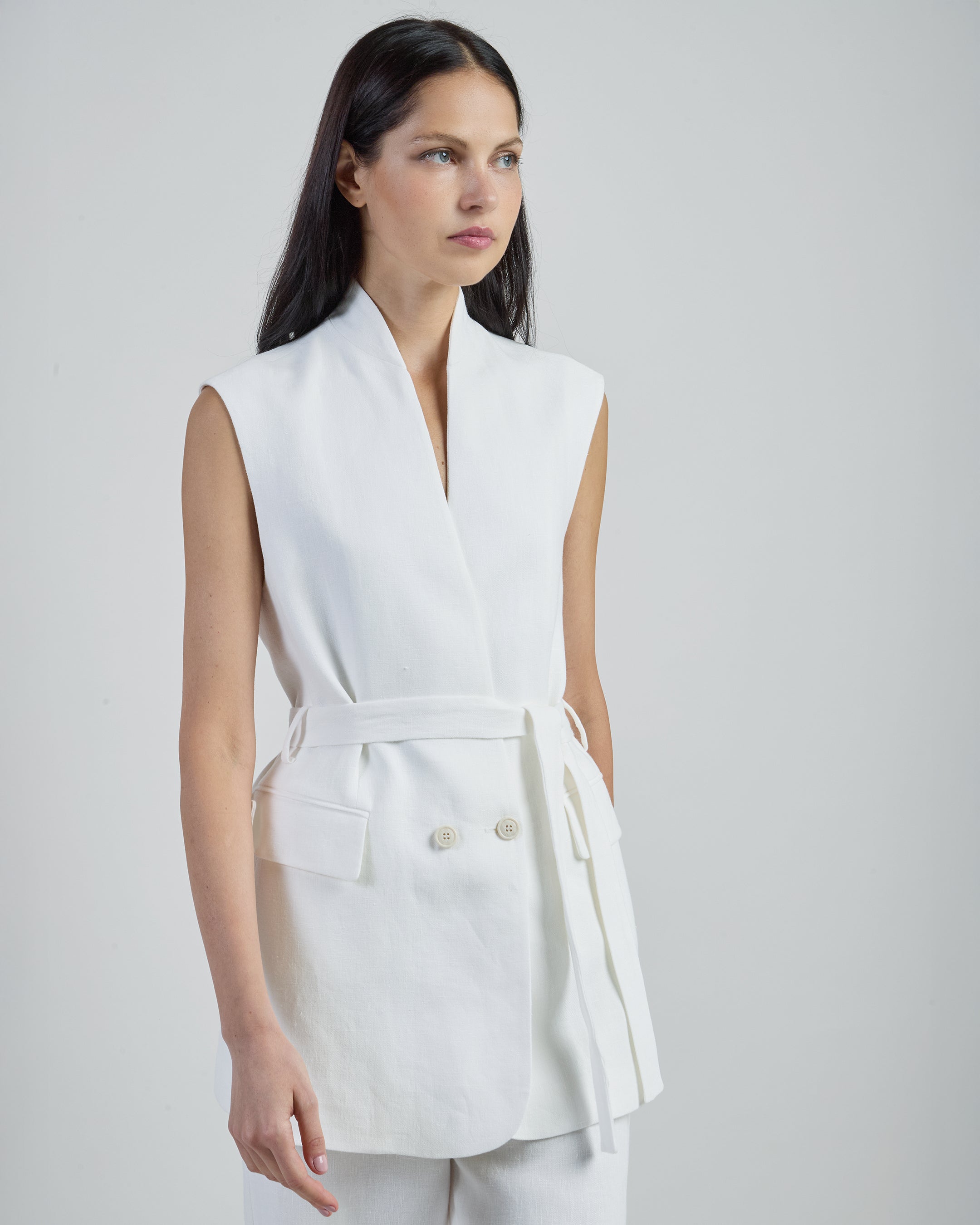 Women's Belted Linen Vest in Sackcloth Fabric - 1