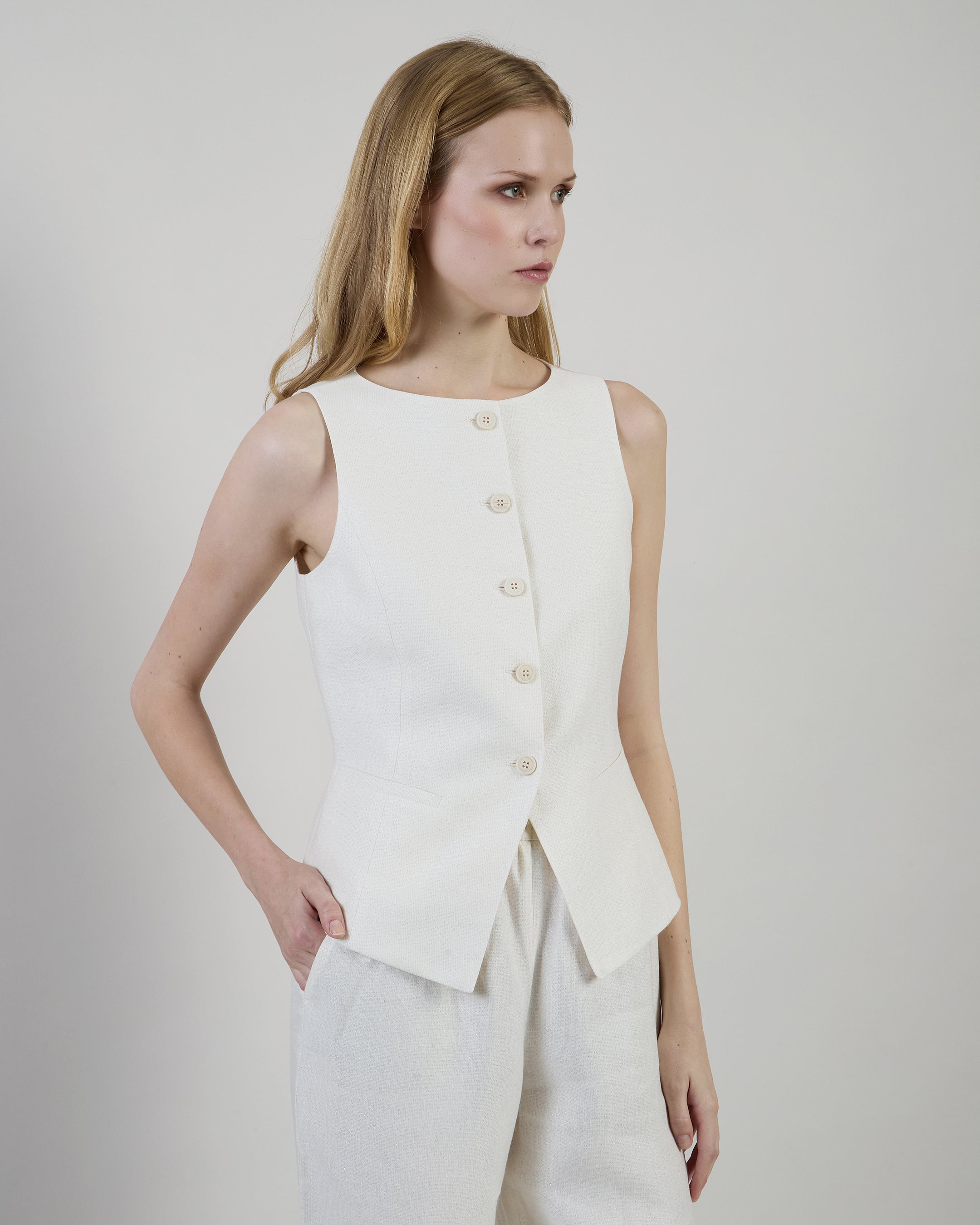 Women's Linen and Viscose Lurex Vest with Boat Neck