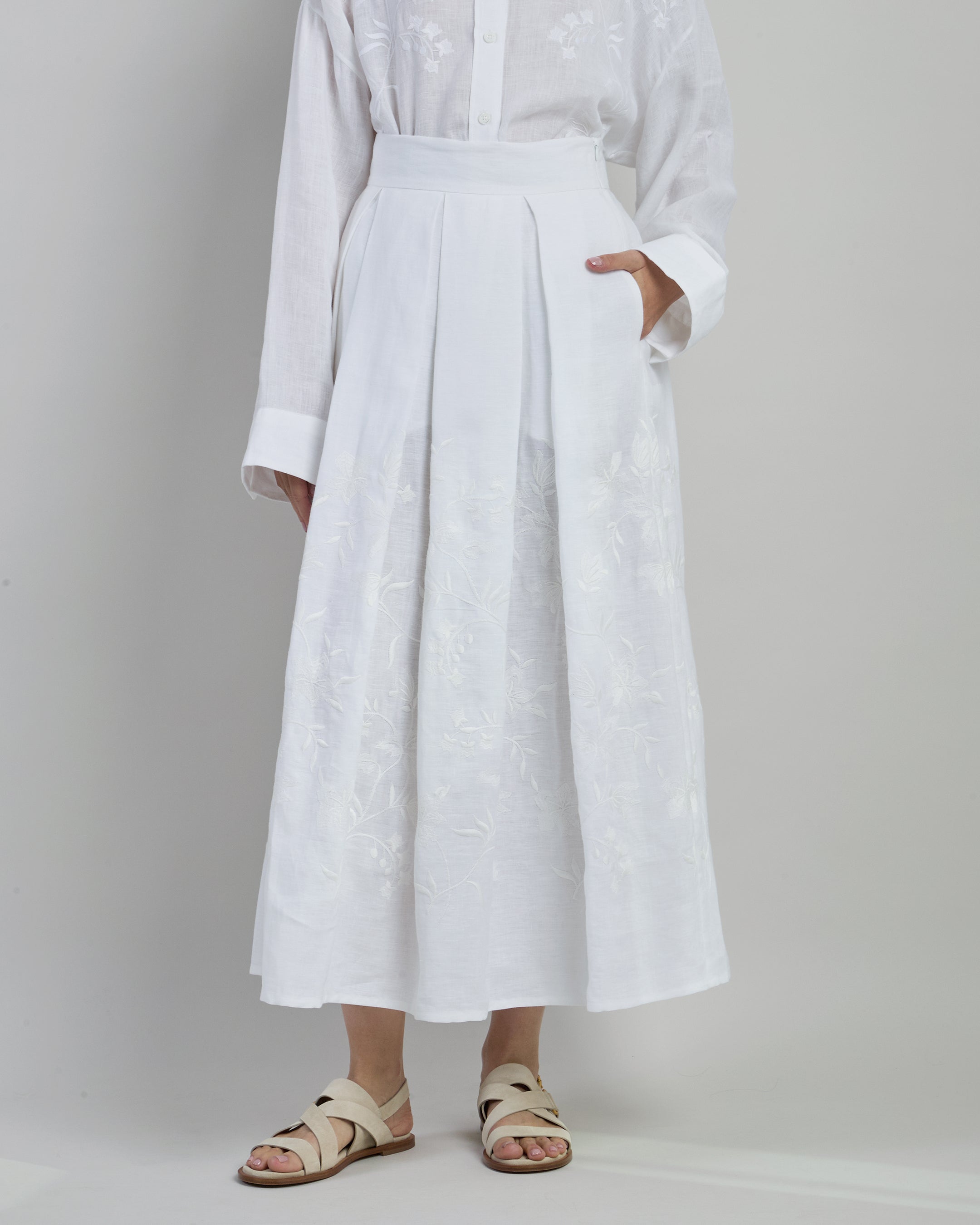 Long Linen Skirt with Floral Embroidery and Side Slit - 1