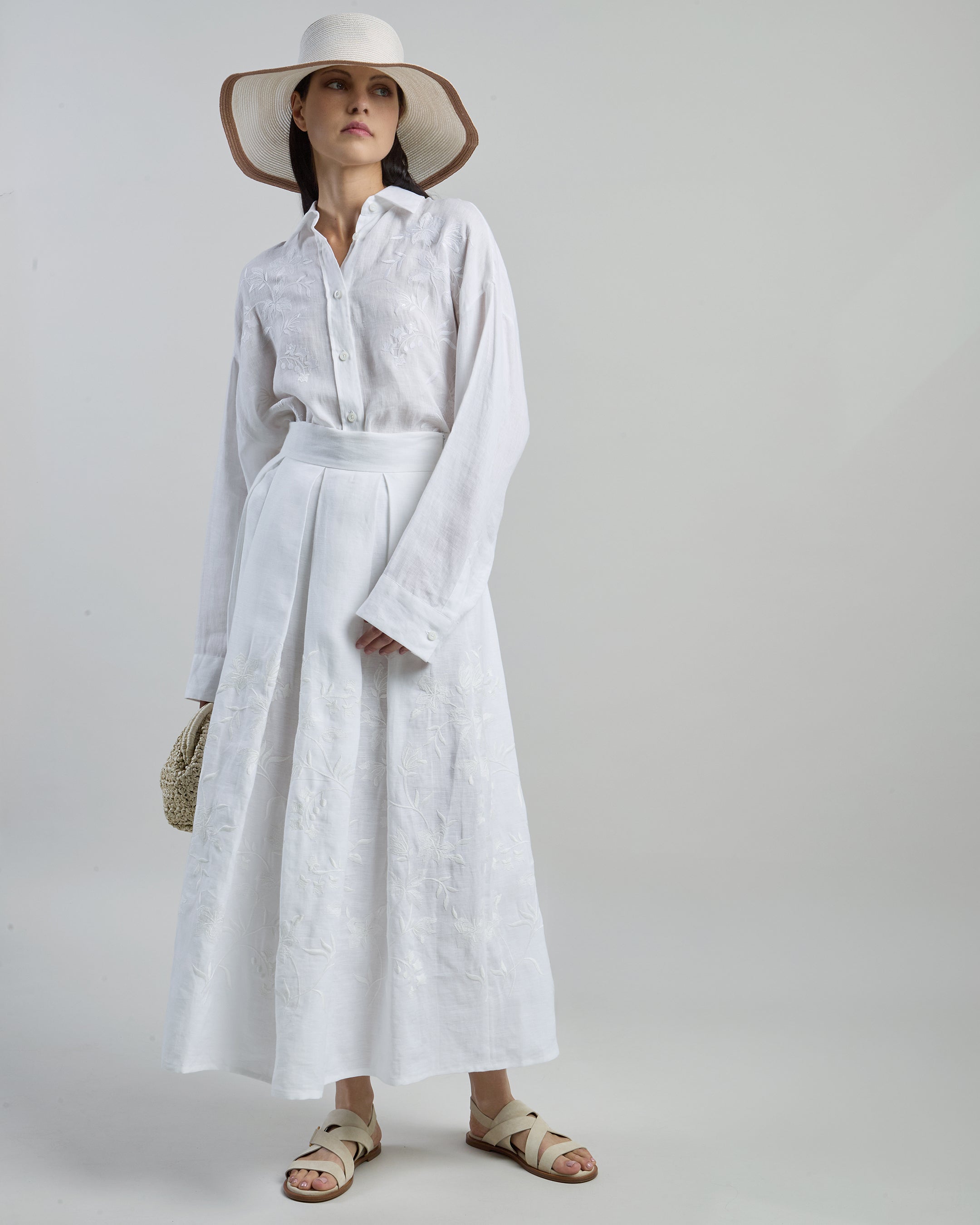 Long Linen Skirt with Floral Embroidery and Side Slit - 2