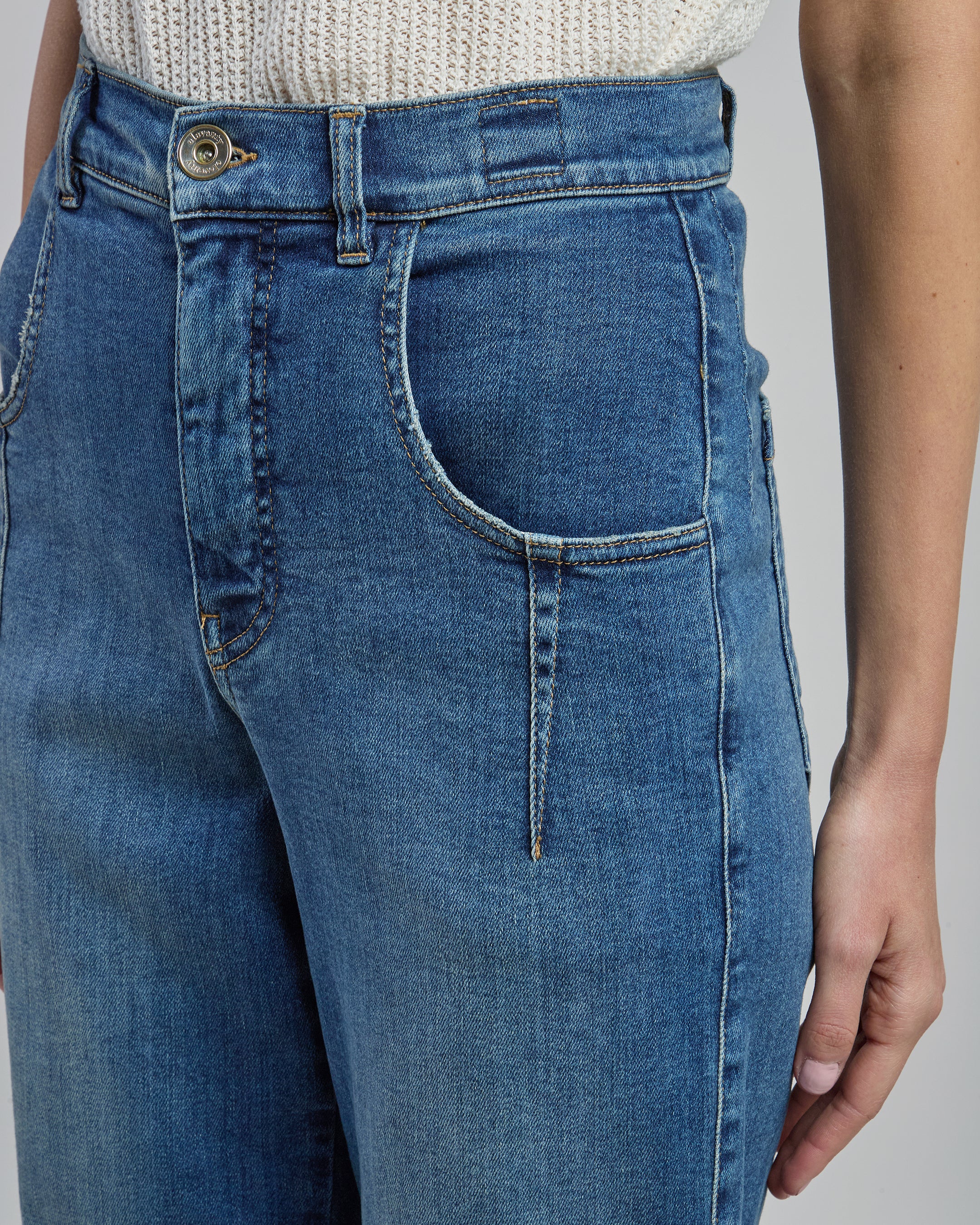 Women's Stretch Cotton Denim Trousers with Pleats