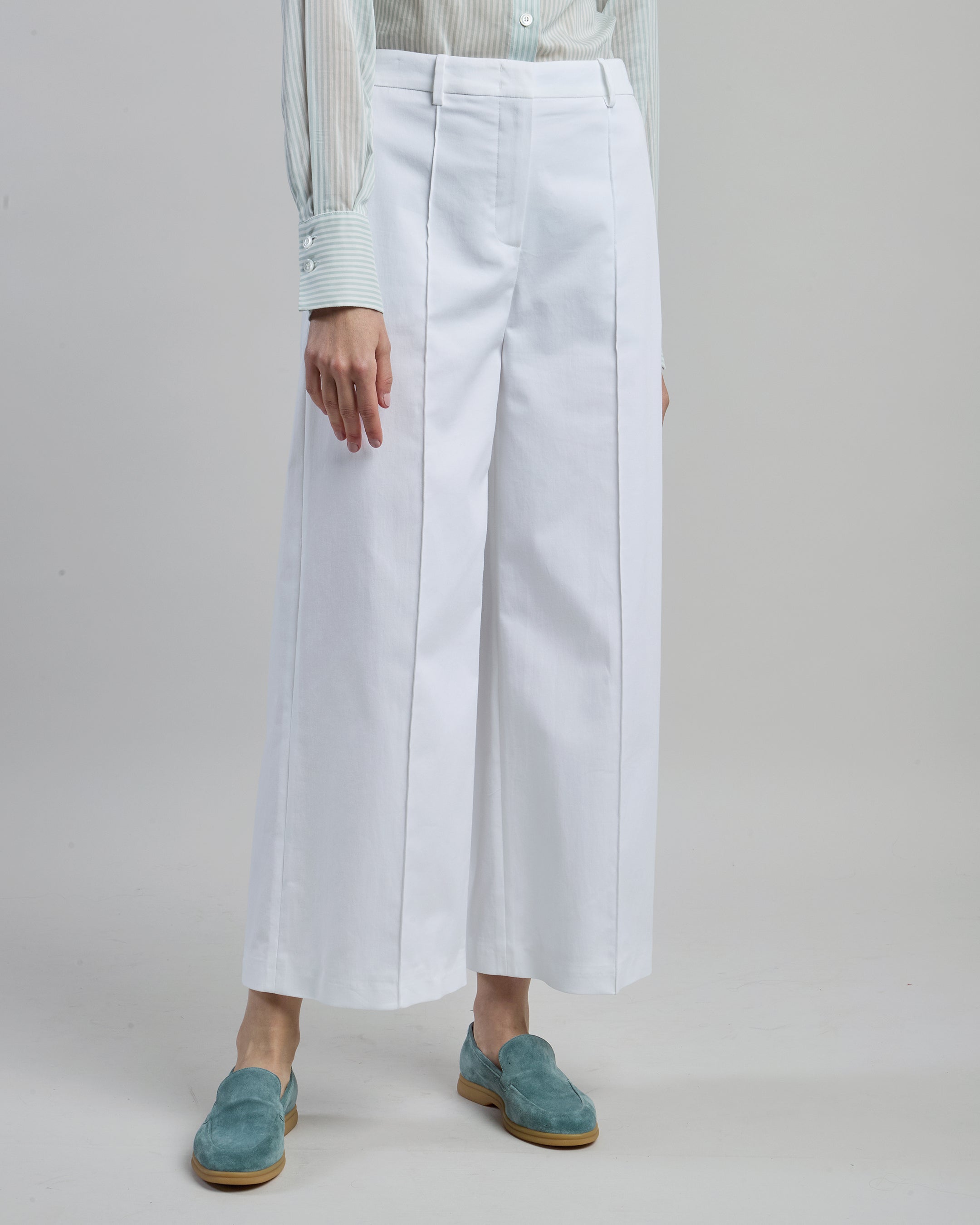 Women's Wide Leg Stretch Cotton Trousers with Seams