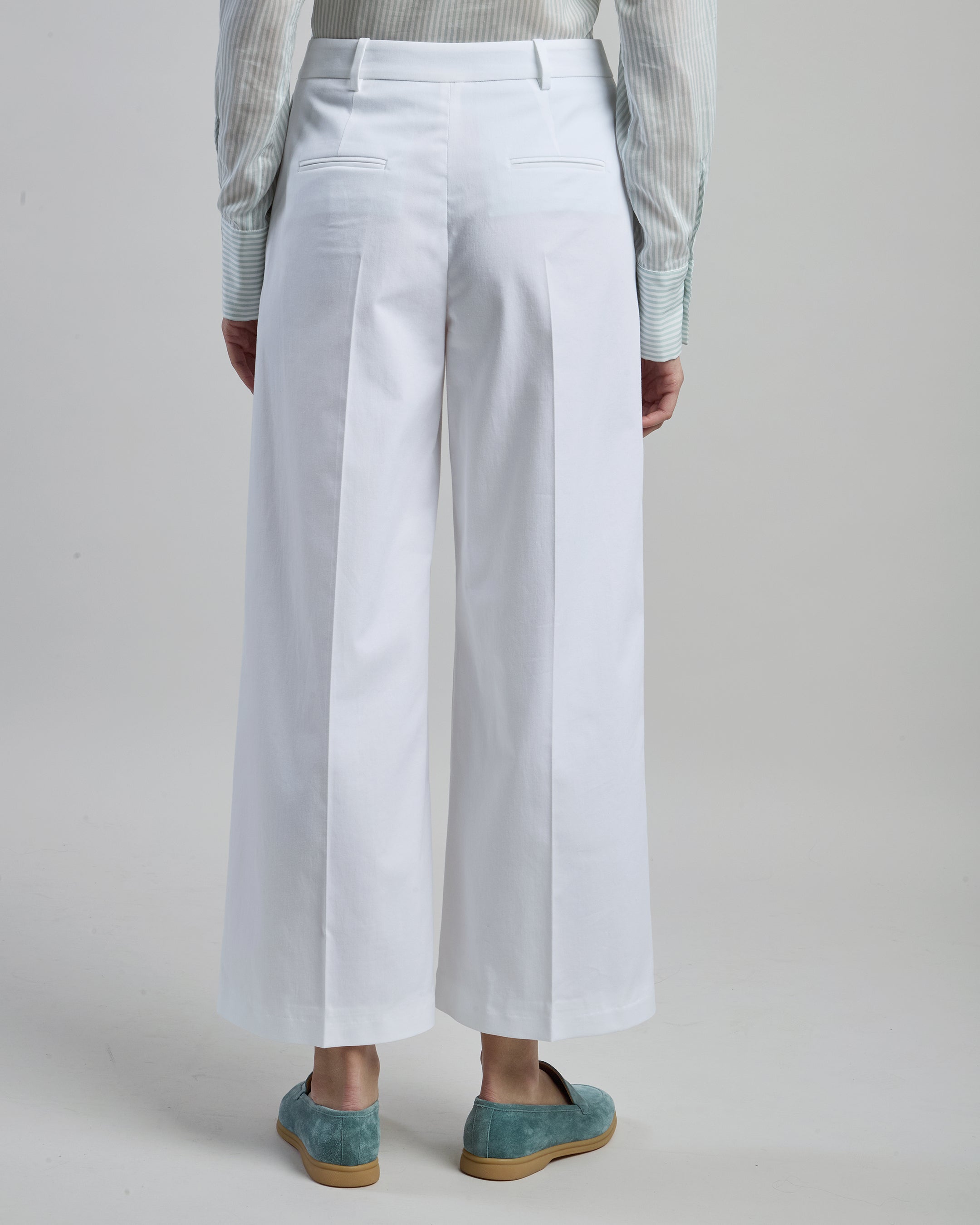 Women's Wide Leg Stretch Cotton Trousers with Seams - 2