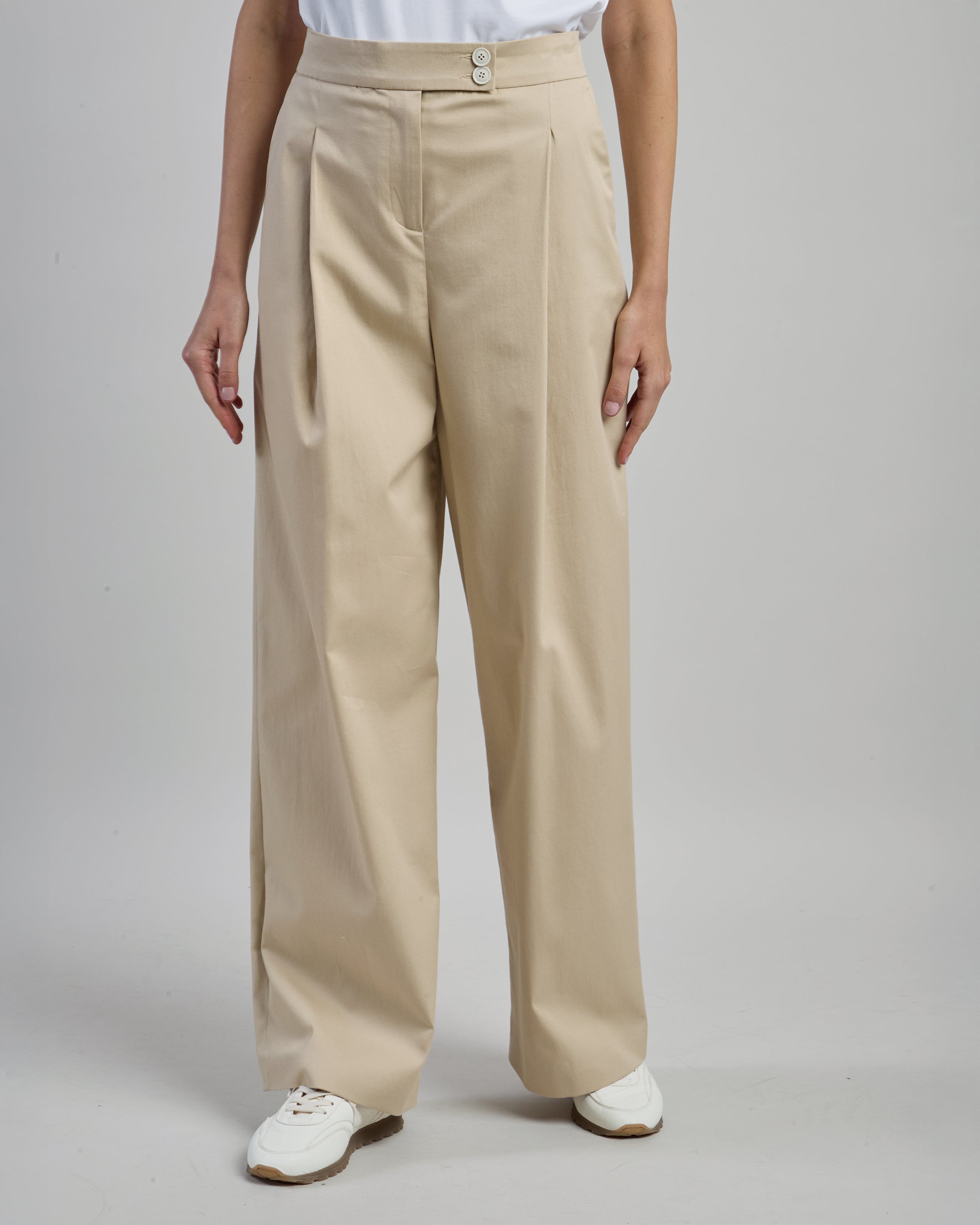 Women's High-Waist Stretch Cotton Trousers with Pleats
