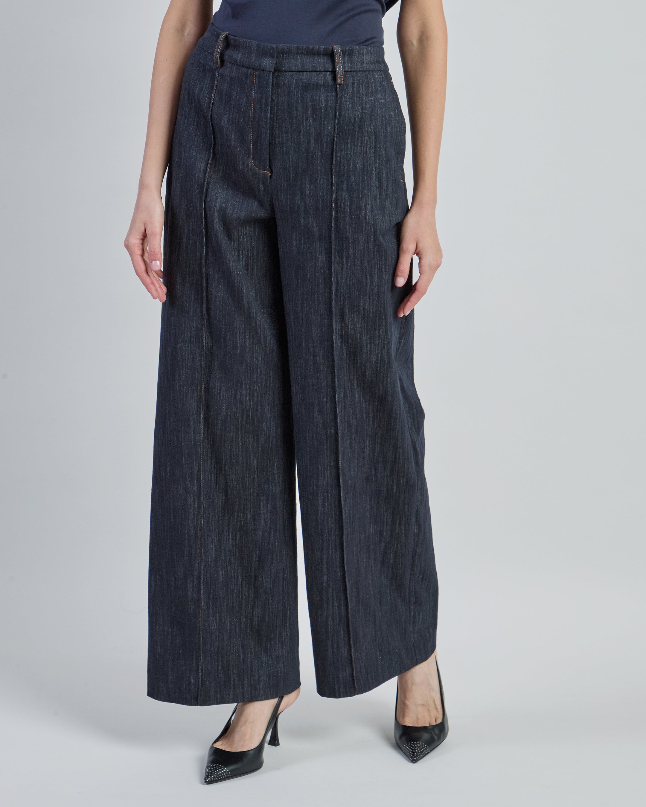 Flared Cotton Trousers with Denim Effect and Lurex