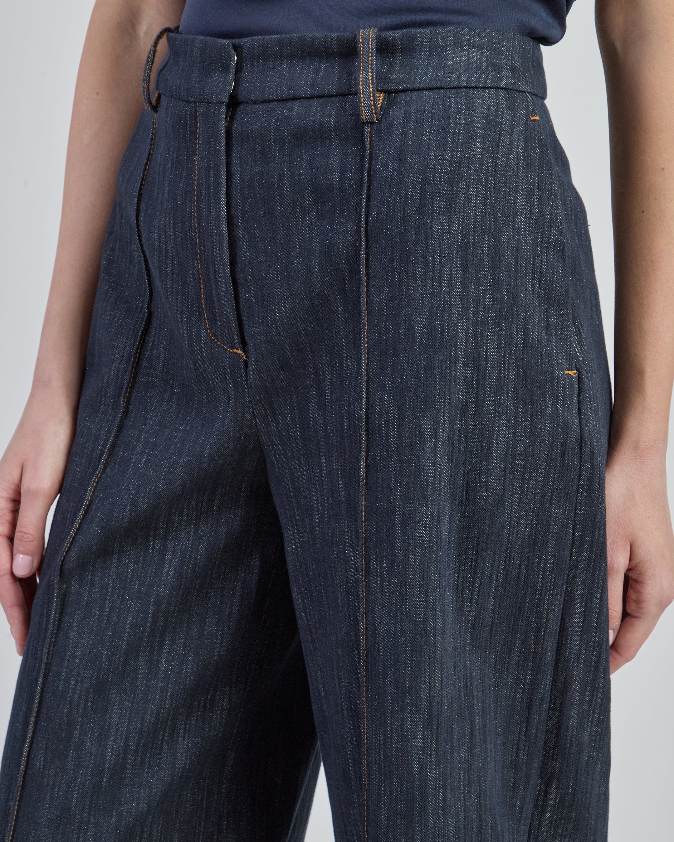 Flared Cotton Trousers with Denim Effect and Lurex